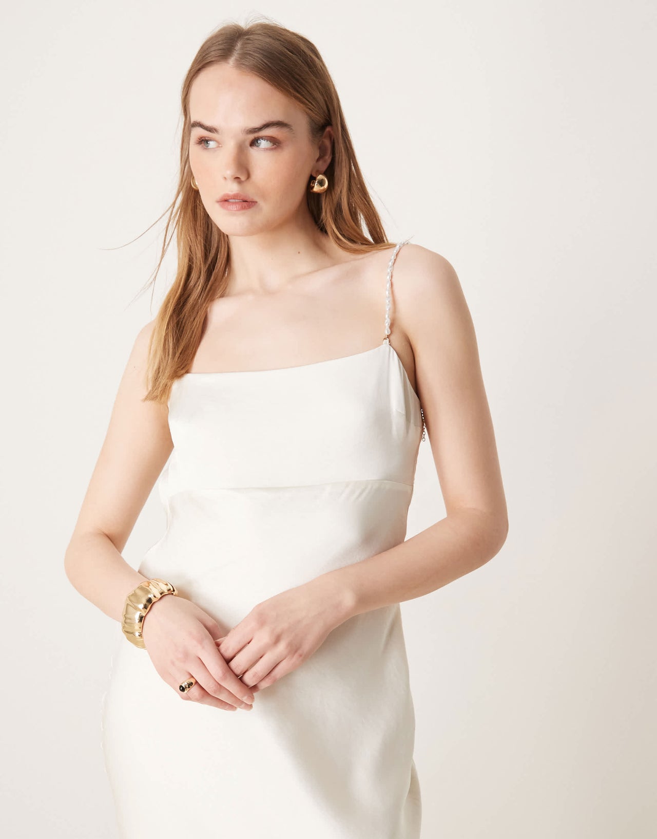 Abercrombie & Fitch bridal pearl strap slip maxi dress in white