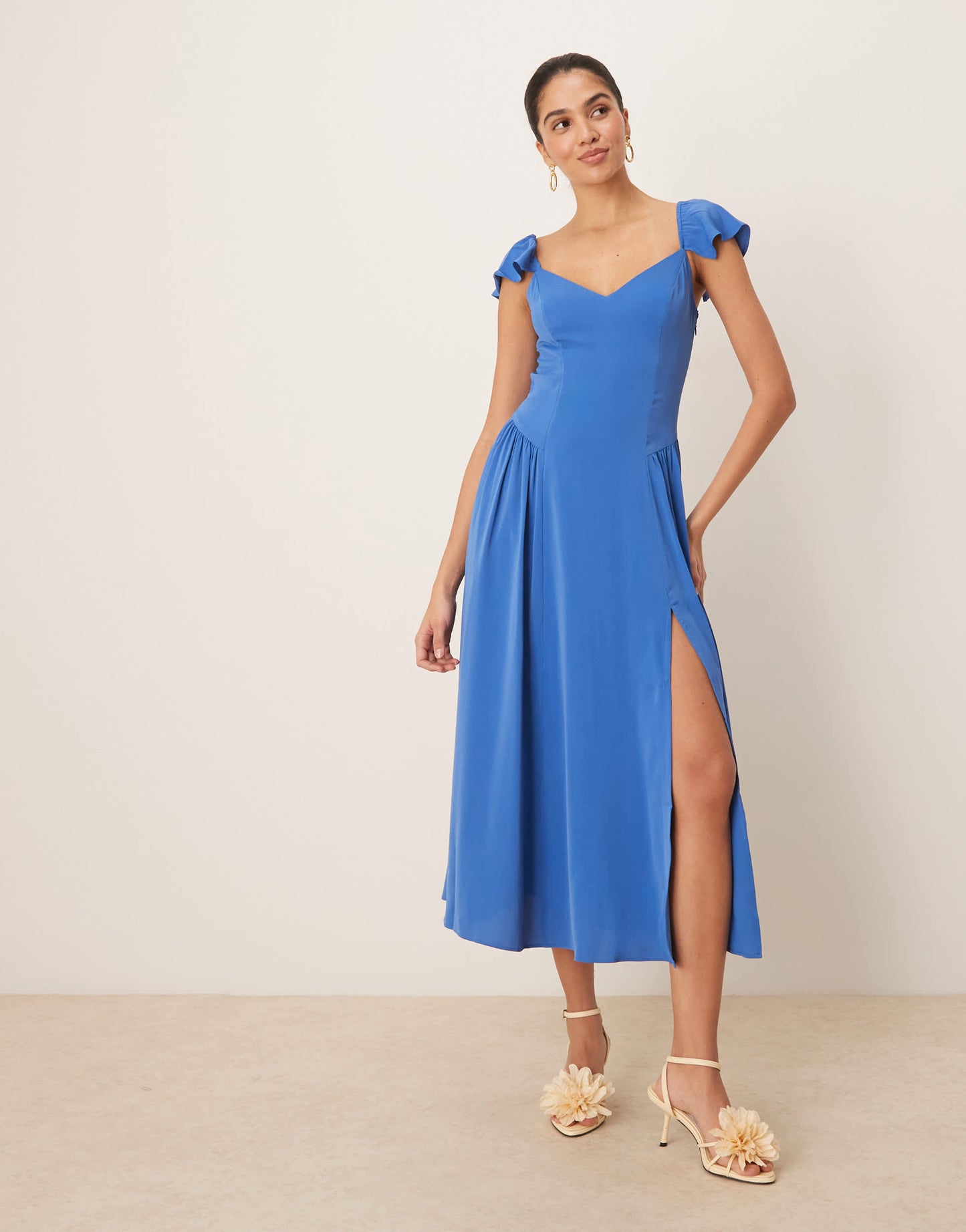 Abercrombie & Fitch flutter sleeve dipped waist maxi dress in blue