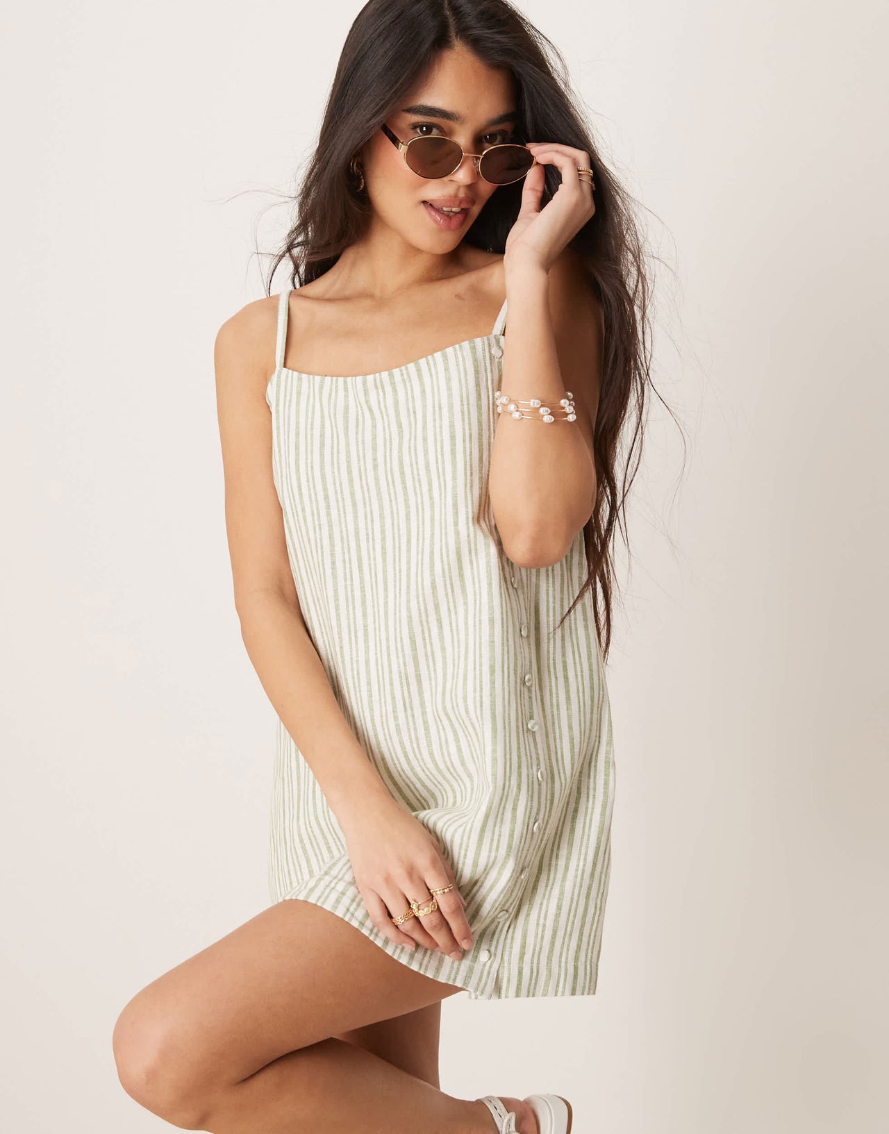 Abercrombie & Fitch linen button detail skort dress in green stripe