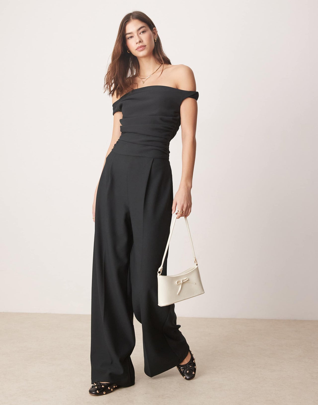 Abercrombie & Fitch off the shoulder draped jumpsuit in black