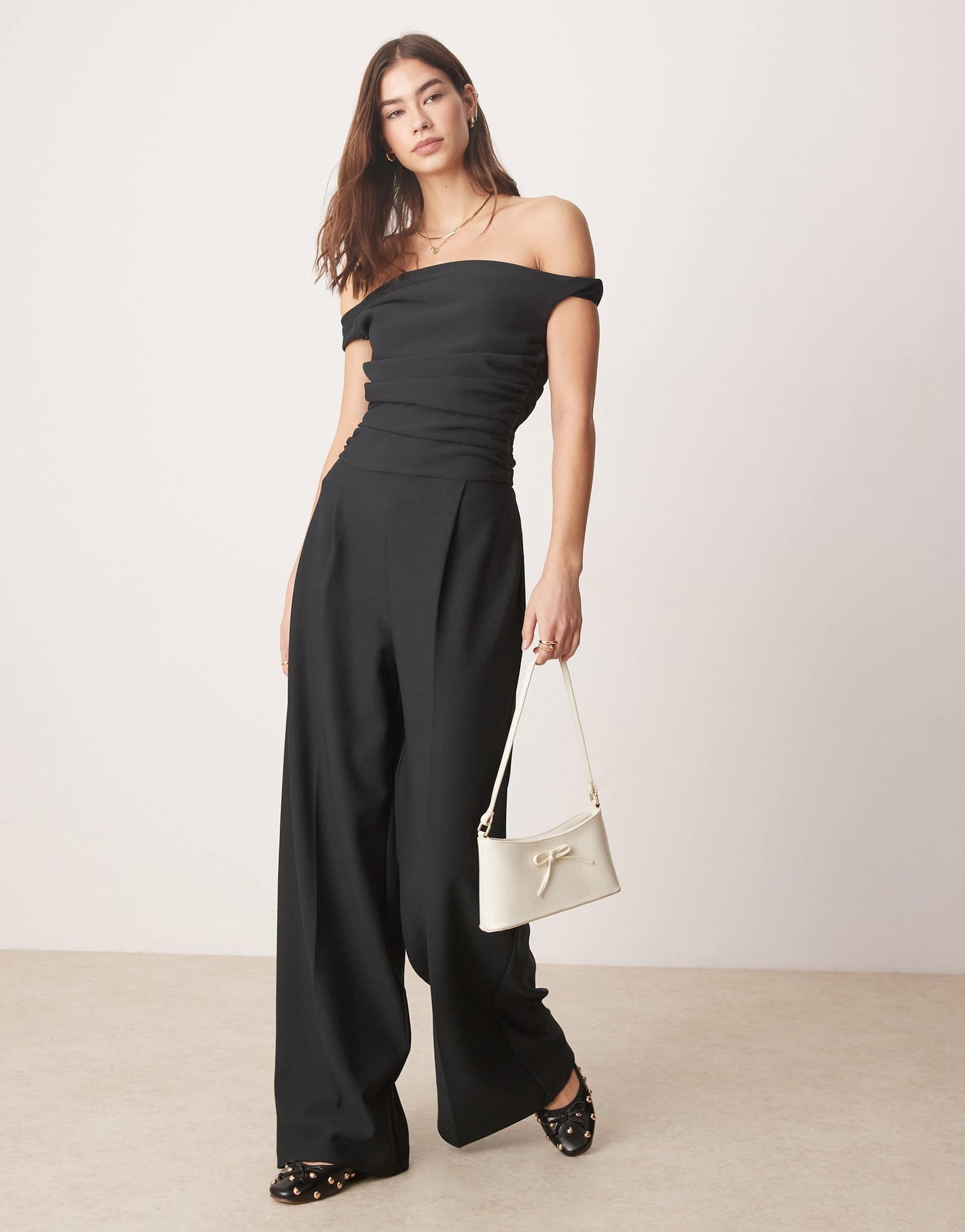 Abercrombie & Fitch off the shoulder draped jumpsuit in black
