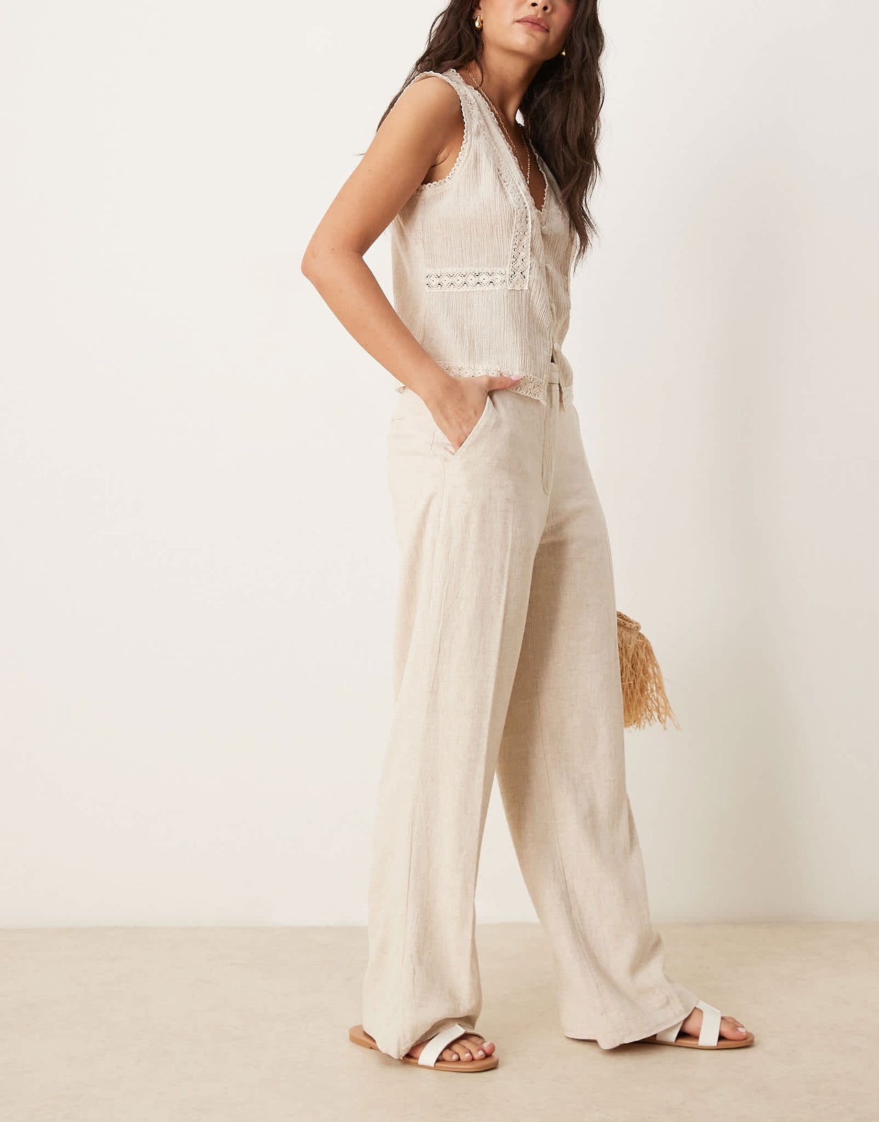 Abercrombie & Fitch high rise straight leg trousers in beige