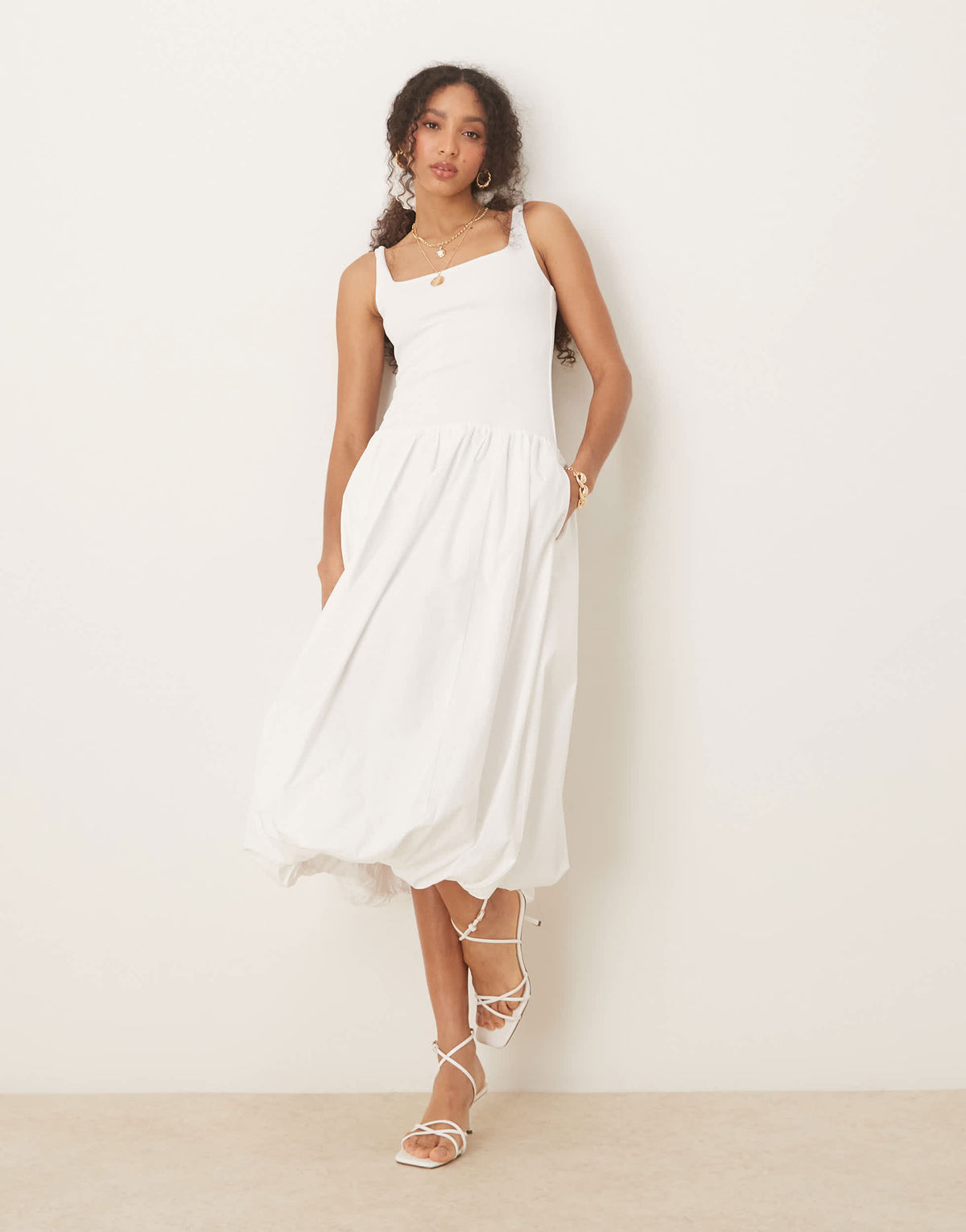 Abercrombie & Fitch drop waist bubble midi dress in white