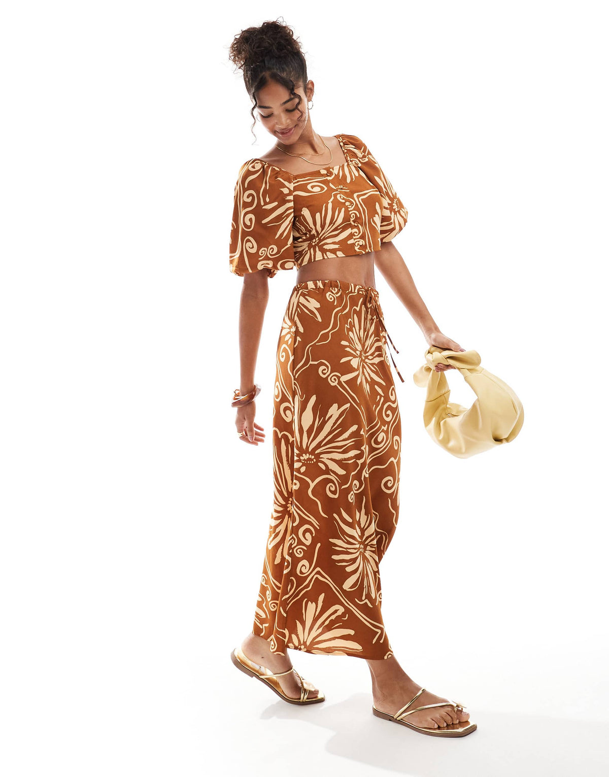 Wednesday's Girl tile floral midaxi skirt co-ord in brown