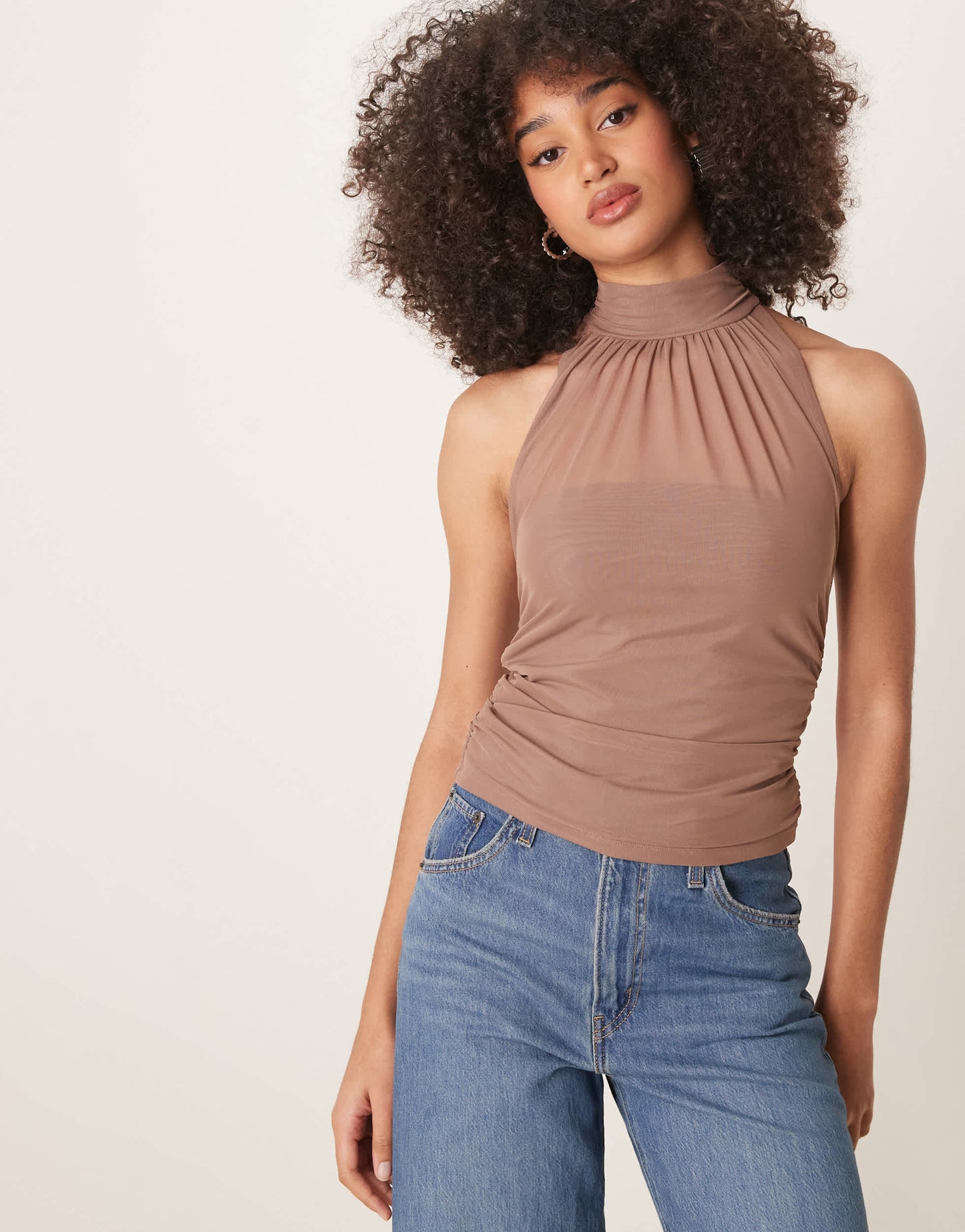 Abercrombie & Fitch mesh ruched halter neck top in taupe