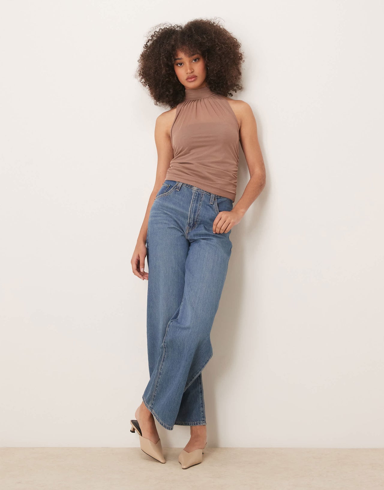 Abercrombie & Fitch mesh ruched halter neck top in taupe