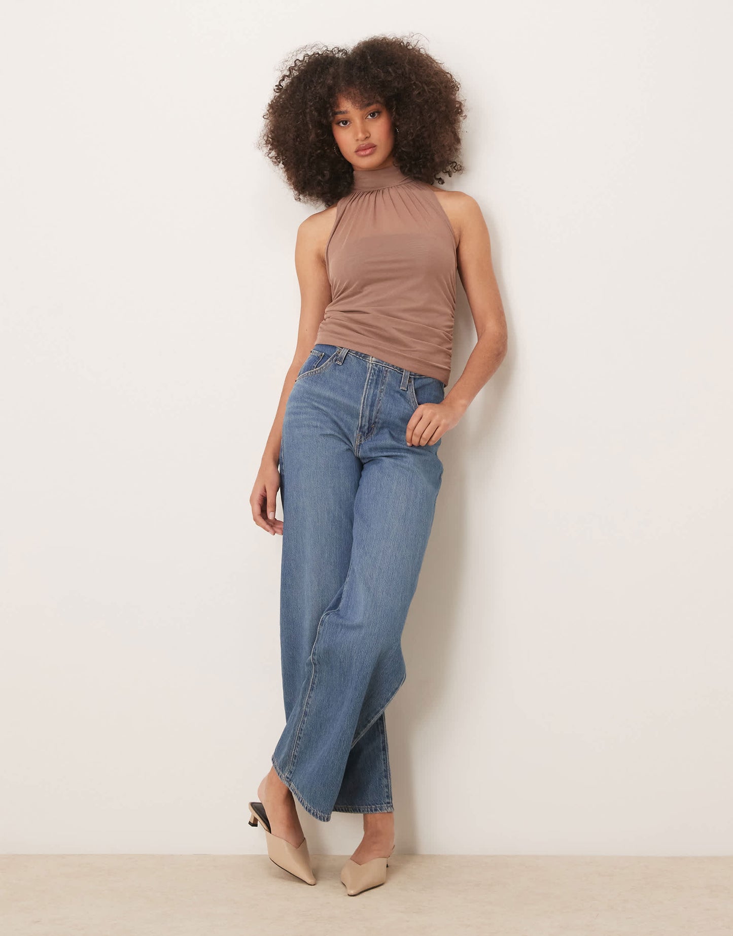 Abercrombie & Fitch mesh ruched halter neck top in taupe