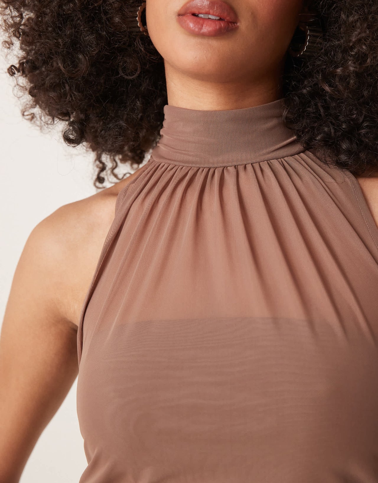 Abercrombie & Fitch mesh ruched halter neck top in taupe
