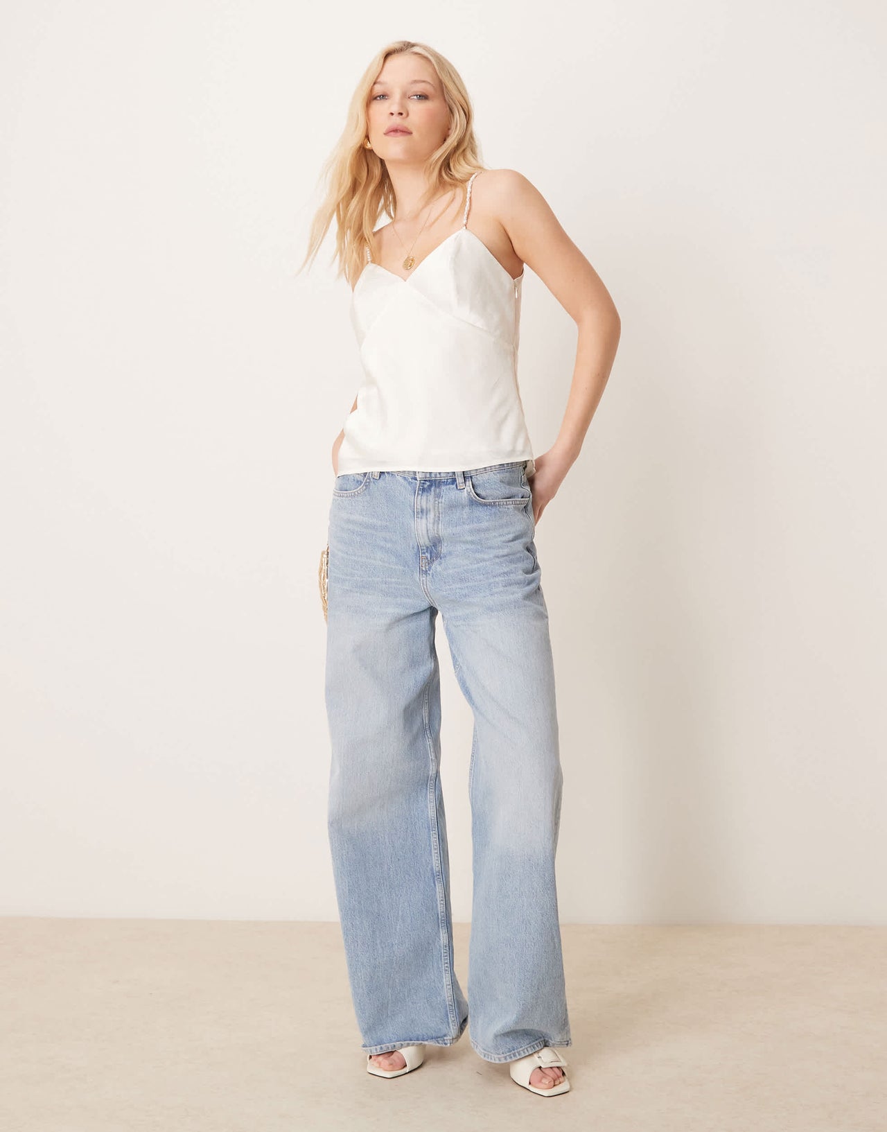 Abercrombie & Fitch bare back pearl shell cami top in white