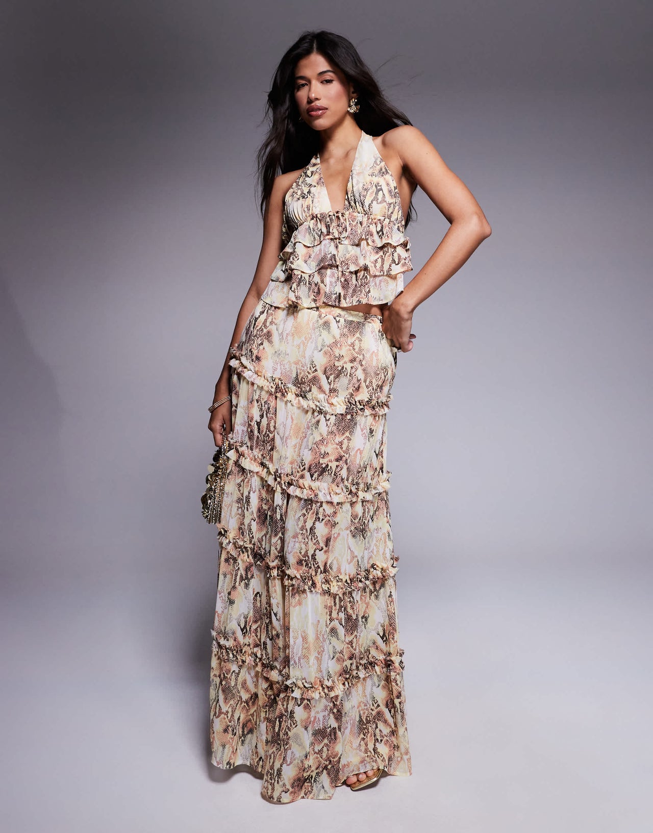 AFRM Sabina tiered maxi skirt co-ord with built in shorts in snake print