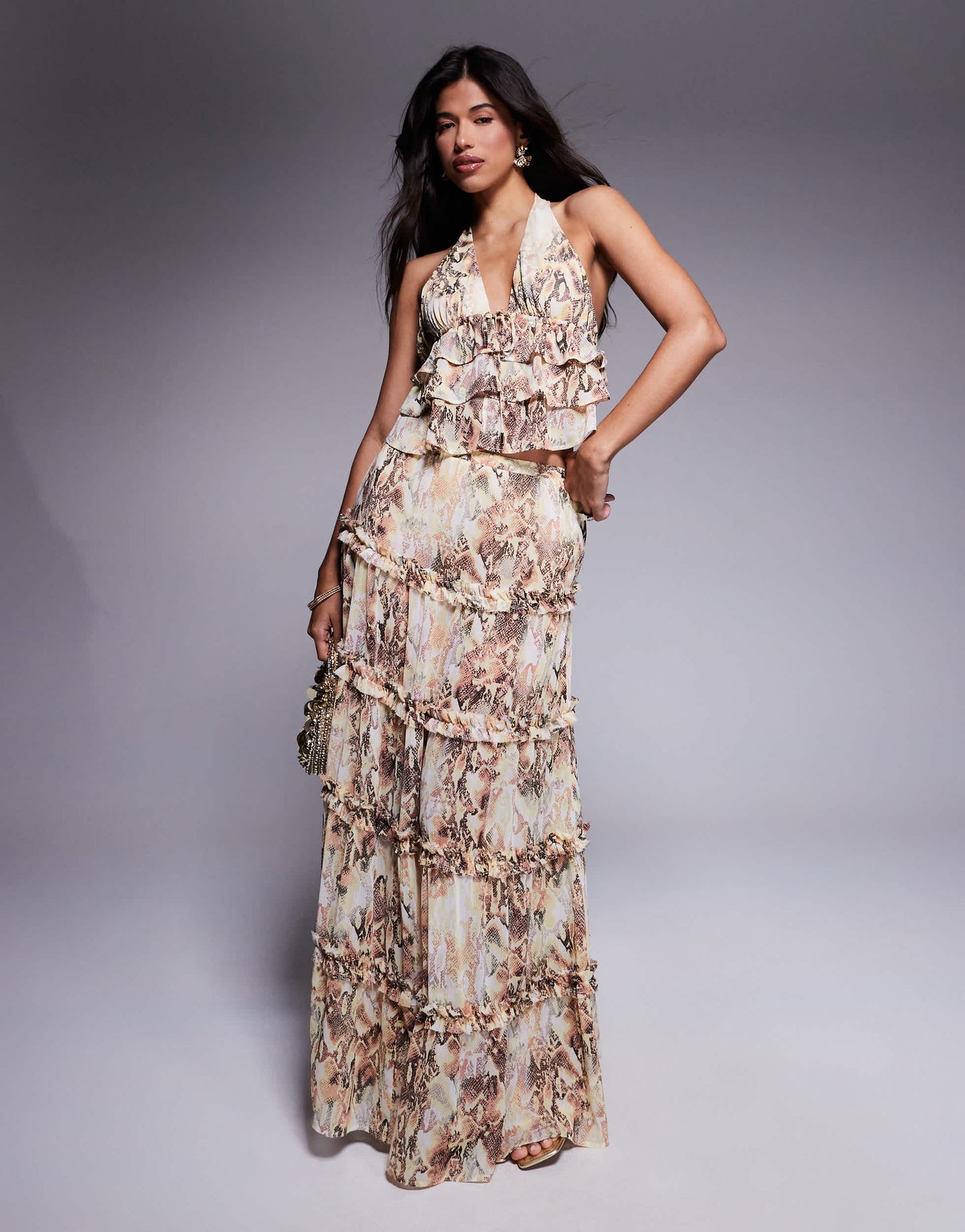 AFRM Sabina tiered maxi skirt co-ord with built in shorts in snake print
