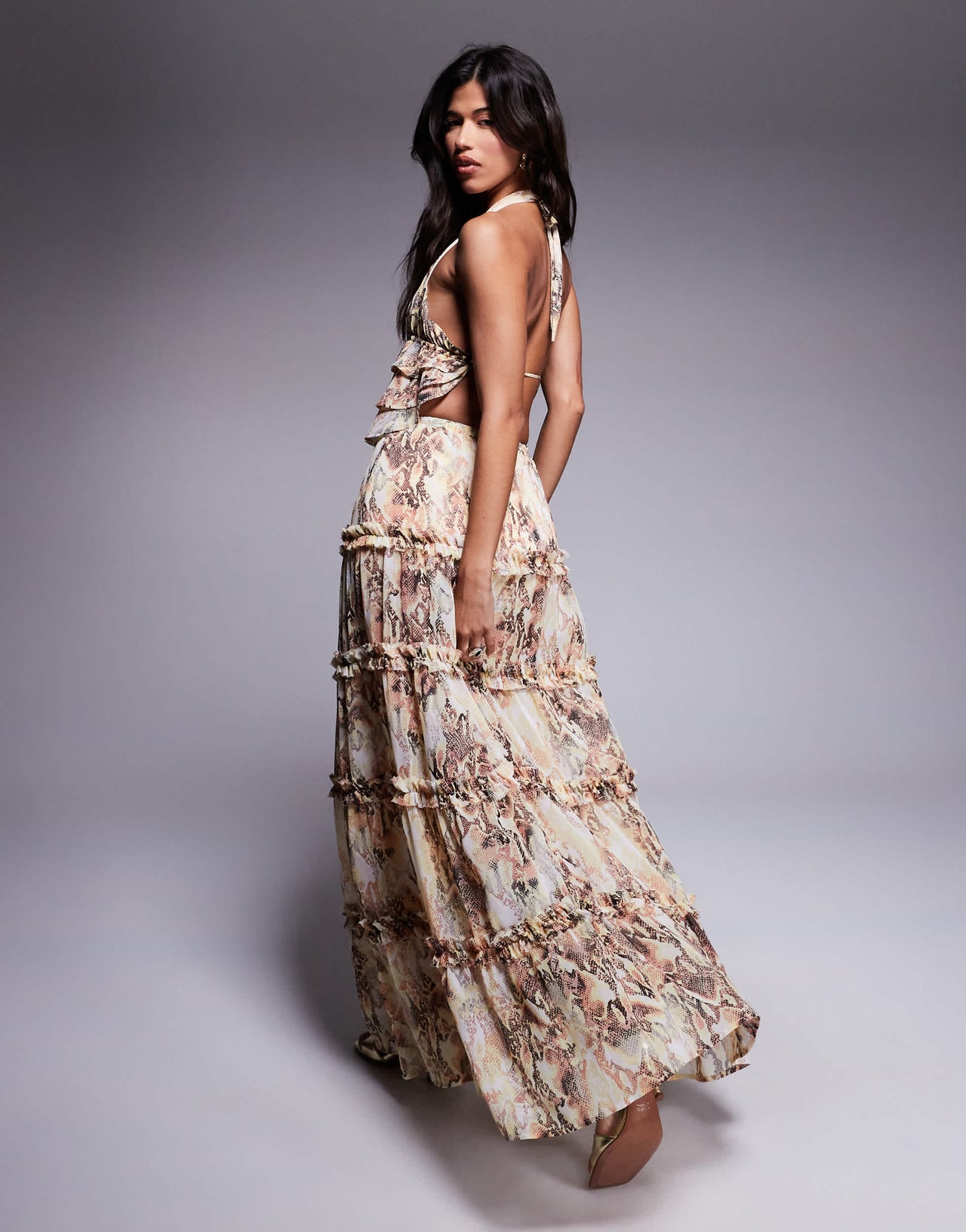AFRM Sabina tiered maxi skirt co-ord with built in shorts in snake print