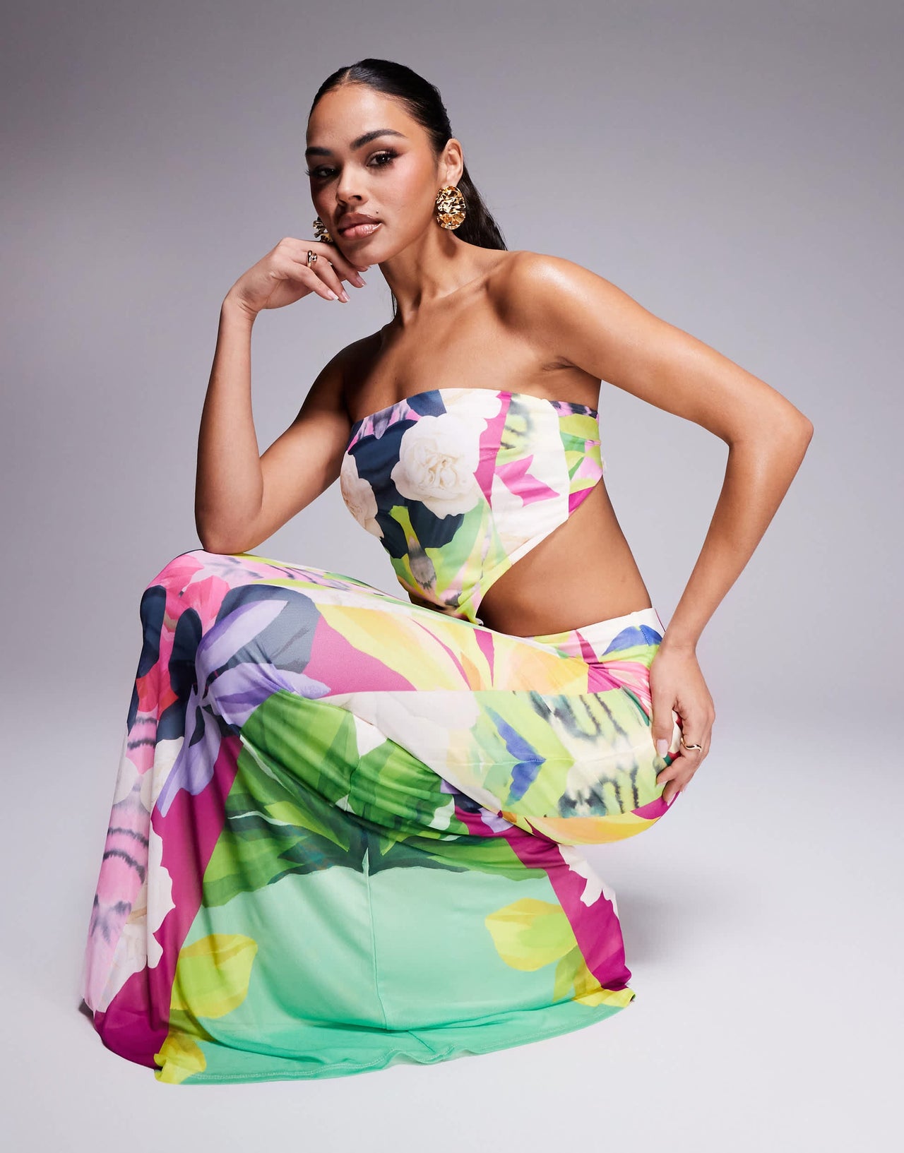 AFRM Tegan mesh maxi skirt co-ord in tropical print
