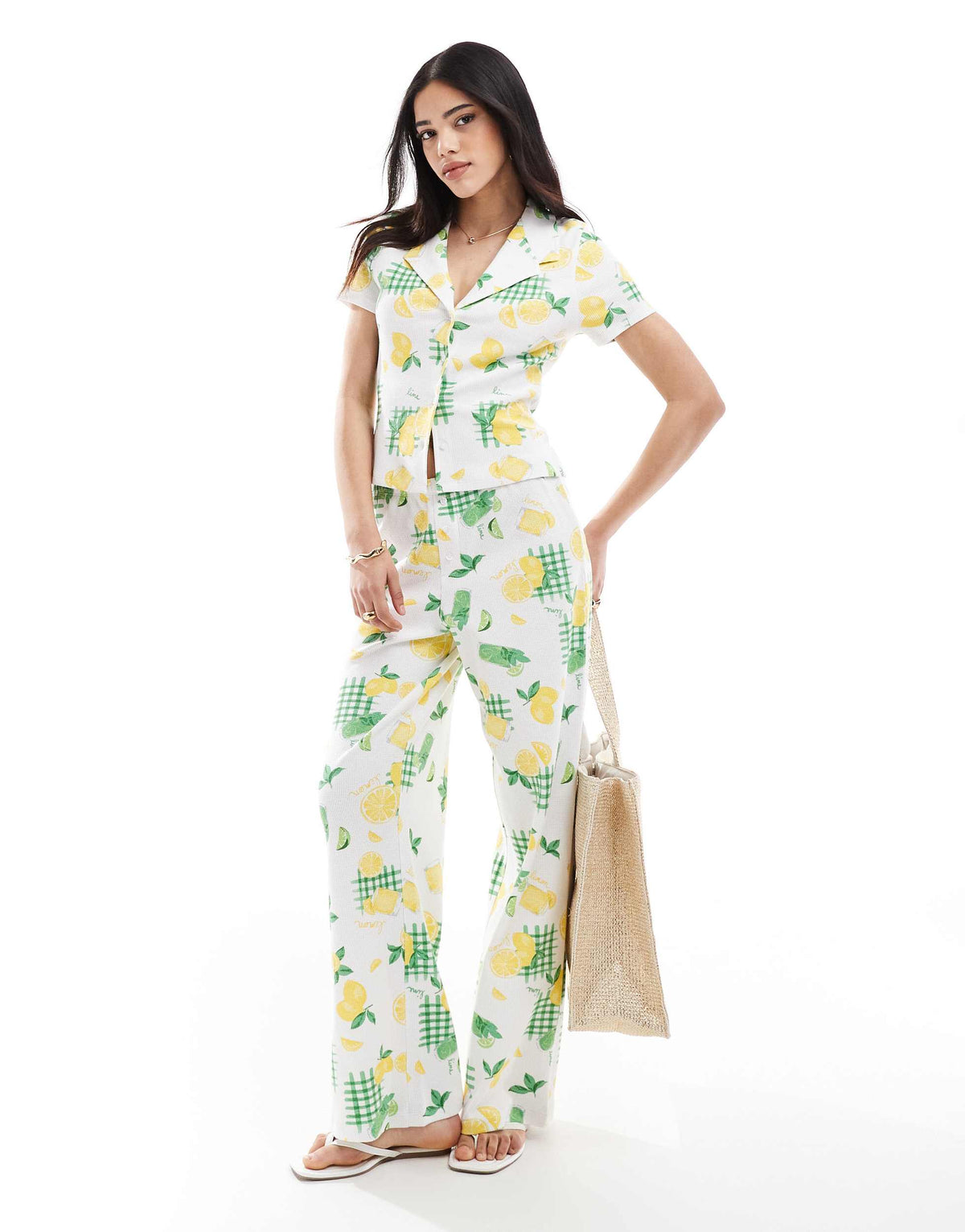 ASOS DESIGN shrunken revere waffle shirt in lemon drink print