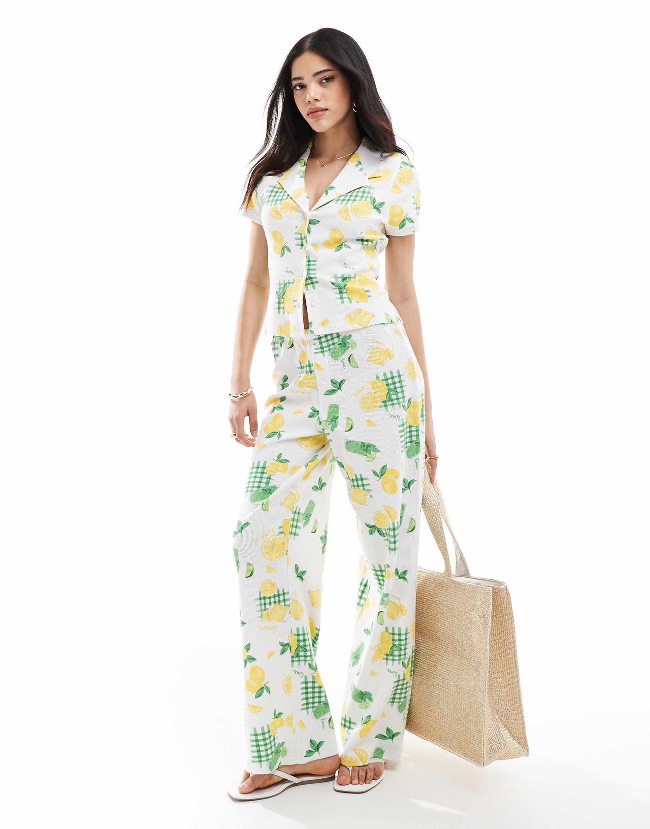 ASOS DESIGN wide leg boxer waffle trouser co-ord in lemon drink print