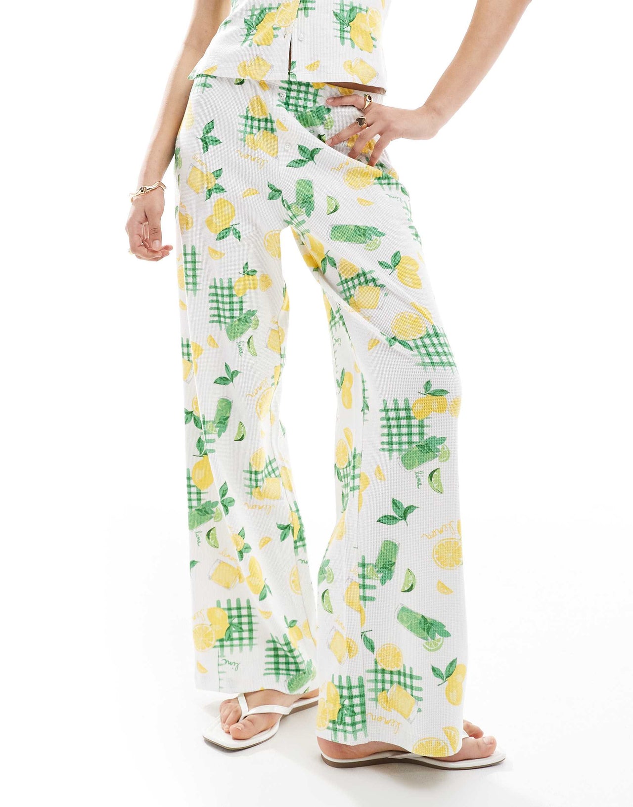 ASOS DESIGN wide leg boxer waffle trouser co-ord in lemon drink print