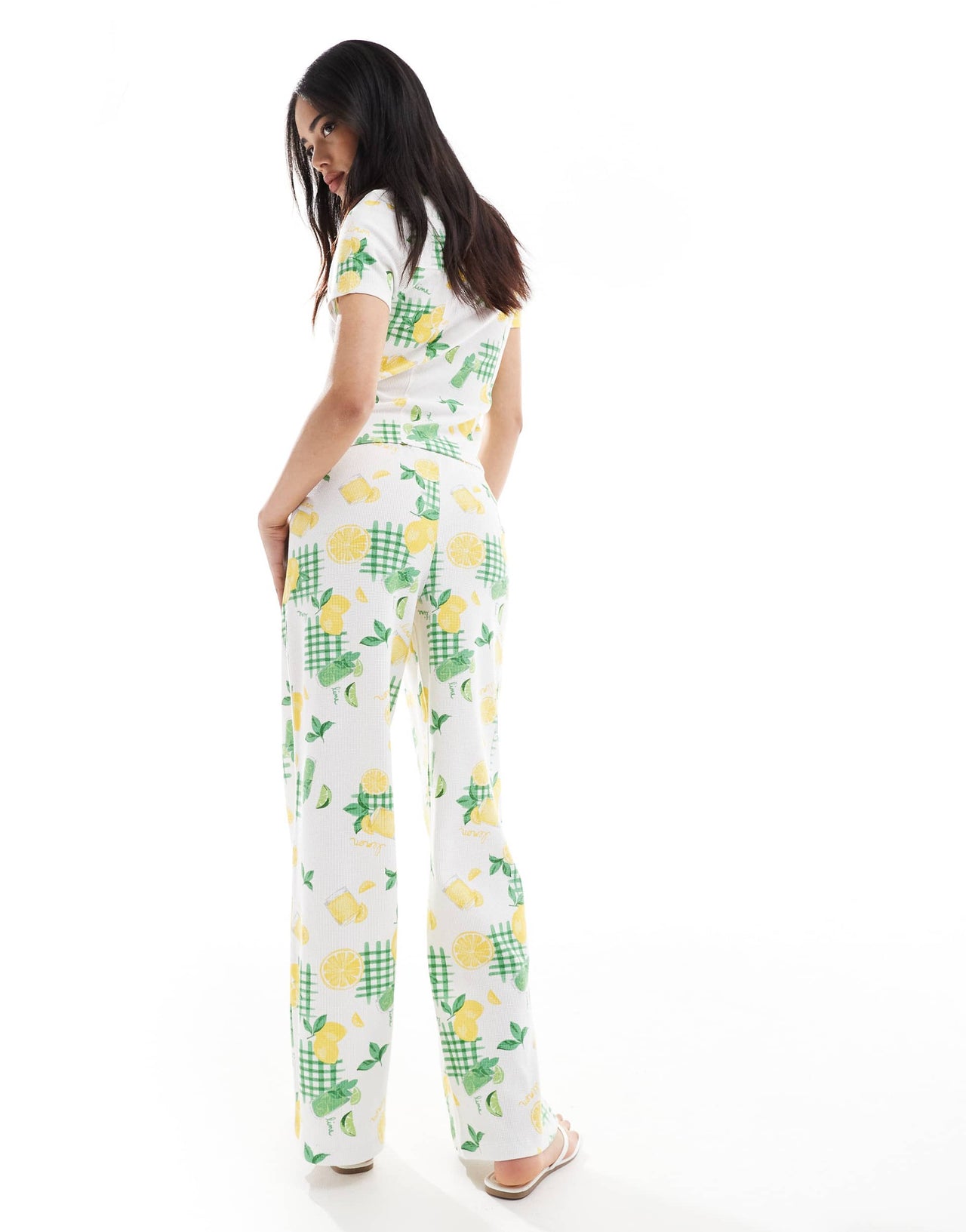 ASOS DESIGN wide leg boxer waffle trouser co-ord in lemon drink print