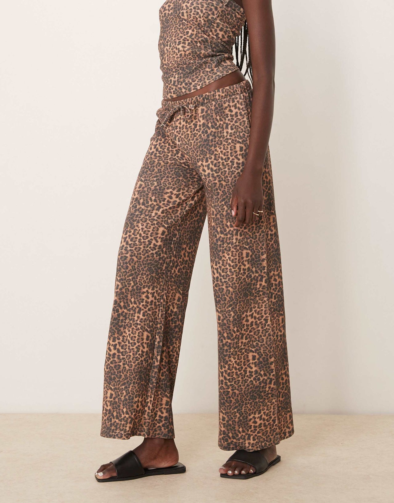ASOS DESIGN wide leg waffle trouser co-ord in leopard print