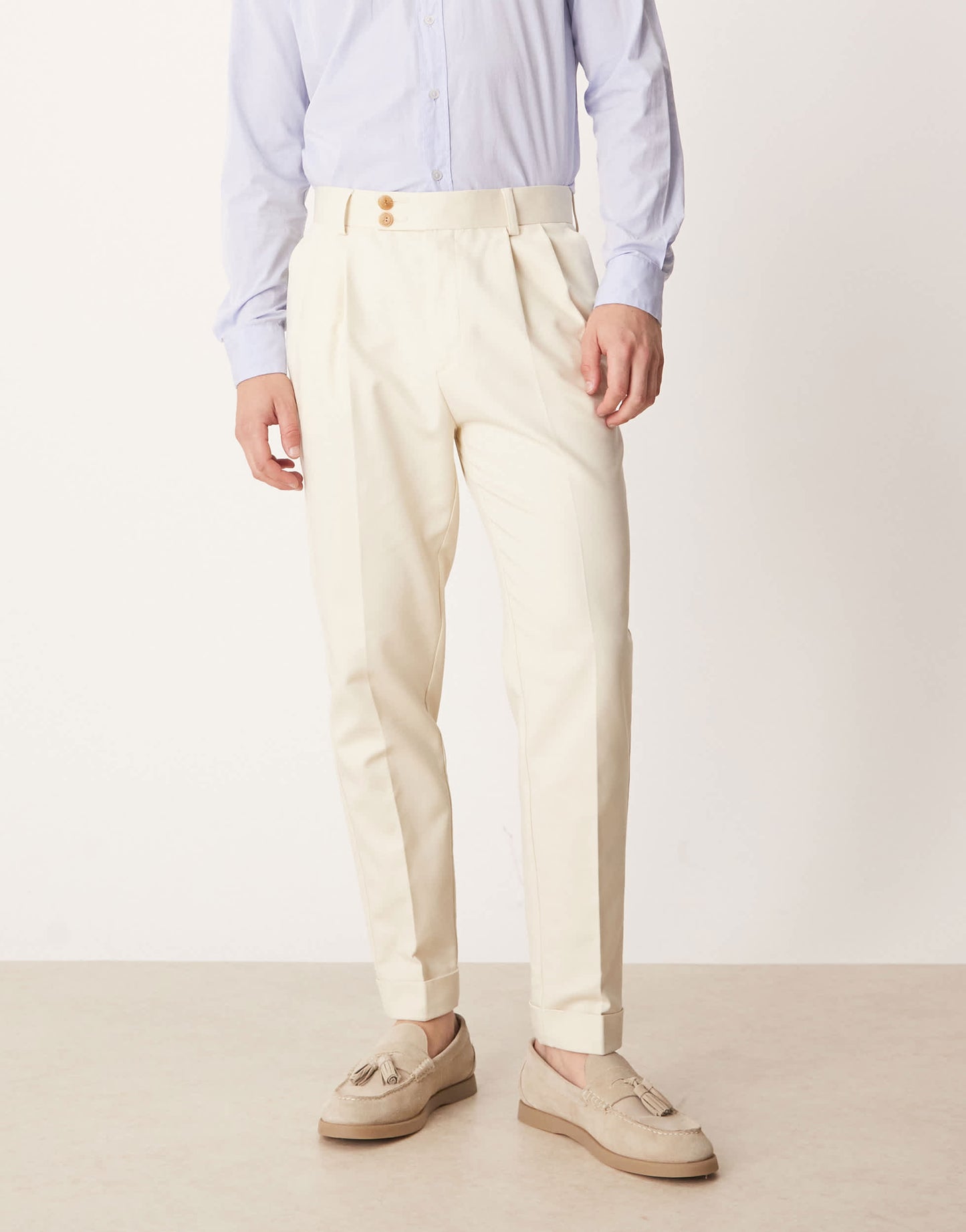 ASOS DESIGN smart tapered trousers with exposed button in beige