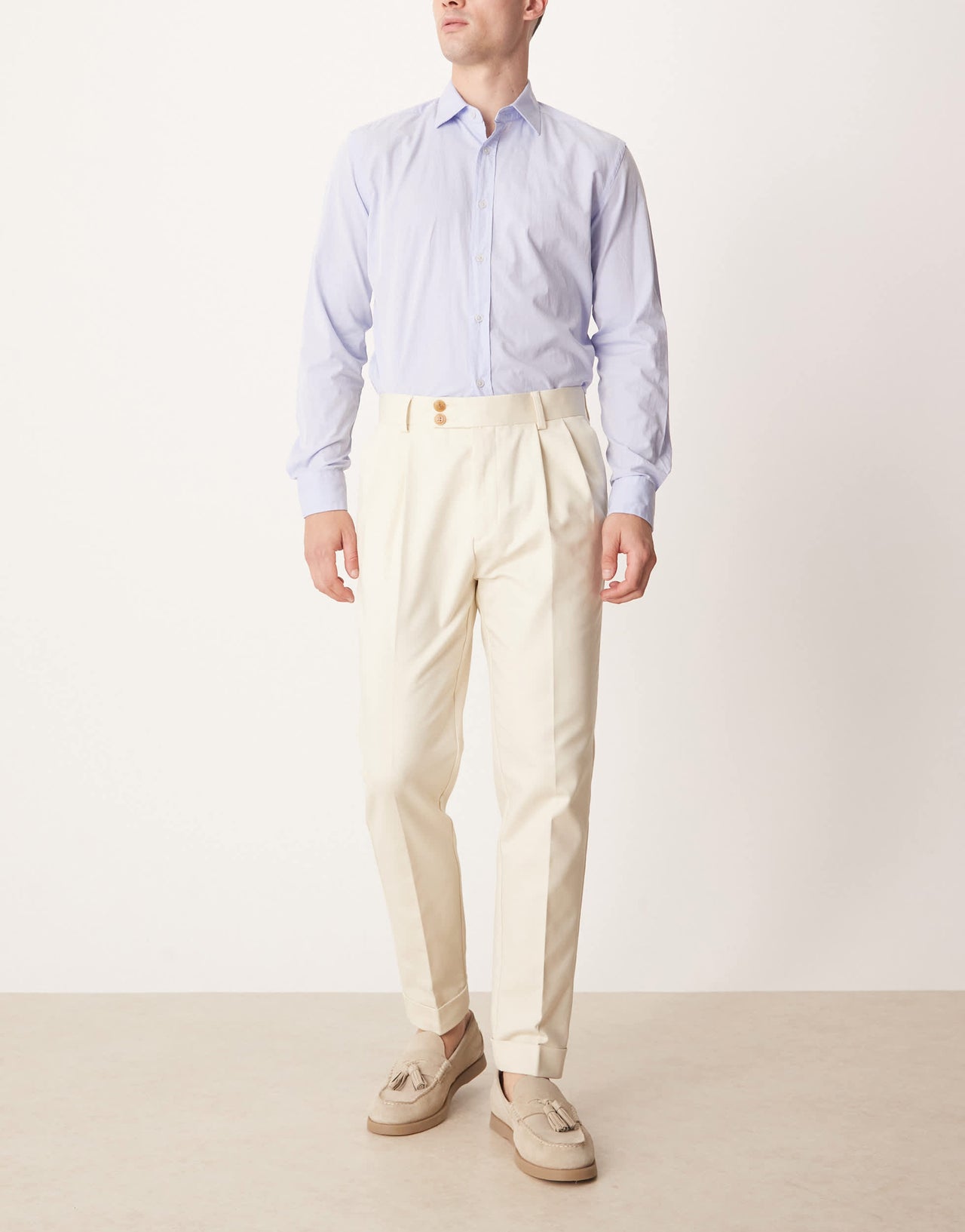 ASOS DESIGN smart tapered trousers with exposed button in beige