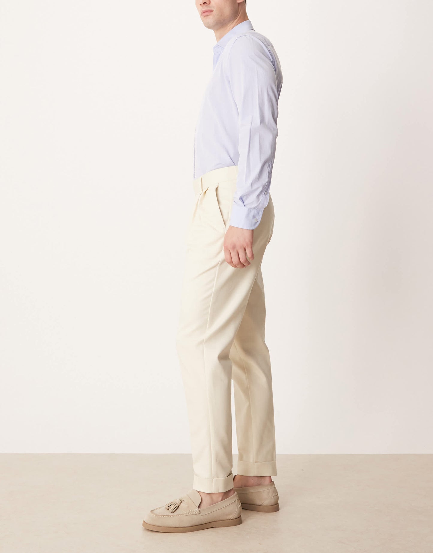 ASOS DESIGN smart tapered trousers with exposed button in beige