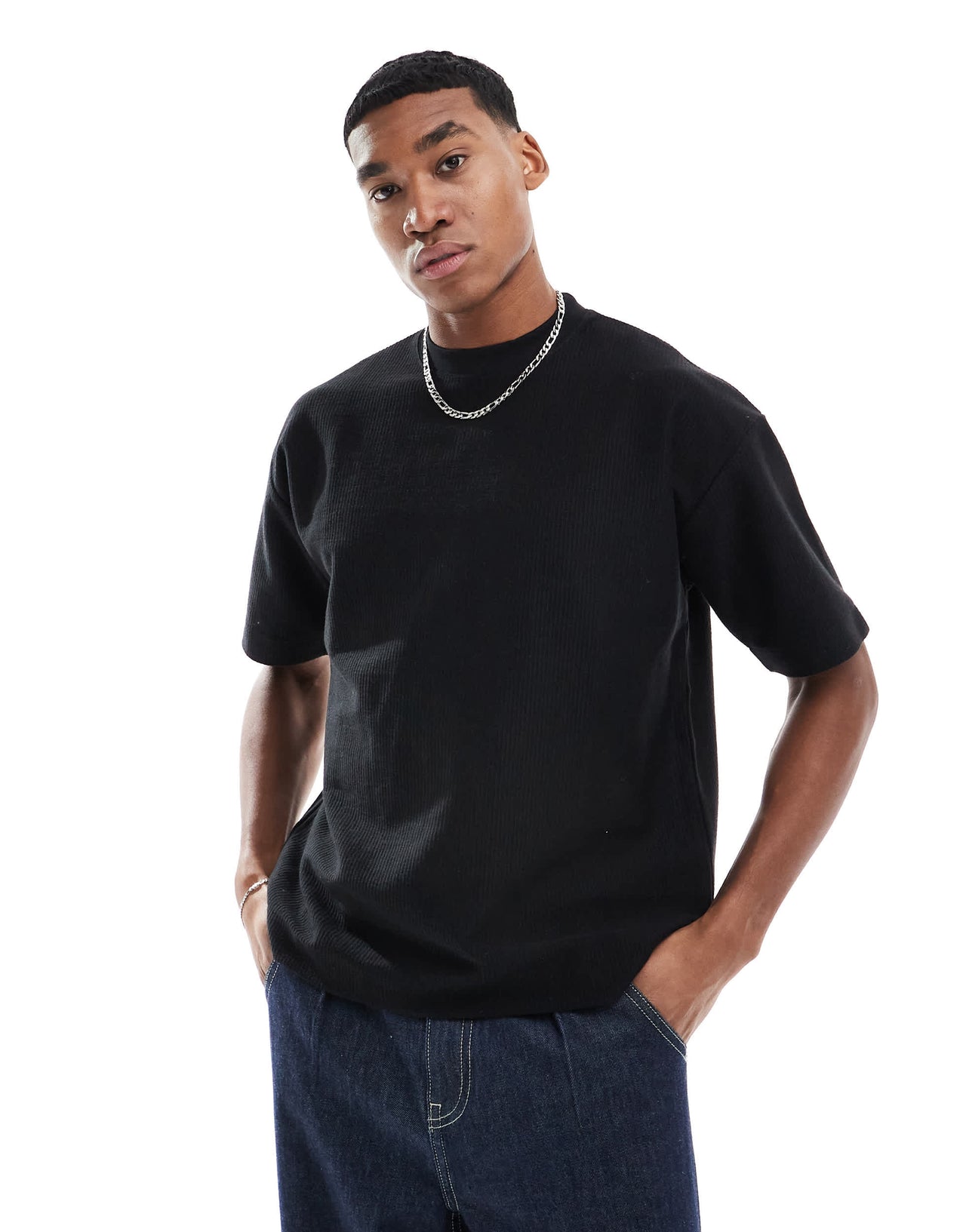 Pull&Bear ribbed boxy t-shirt in black