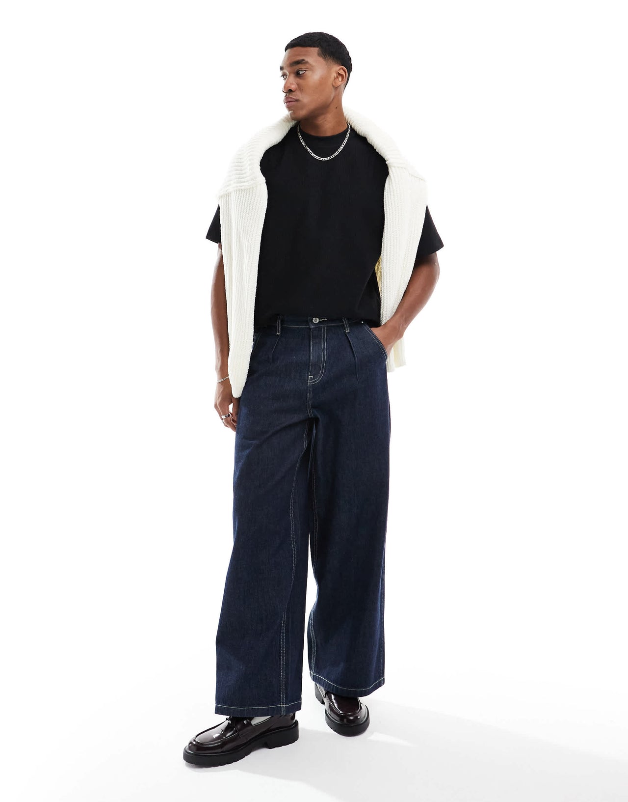 Pull&Bear ribbed boxy t-shirt in black
