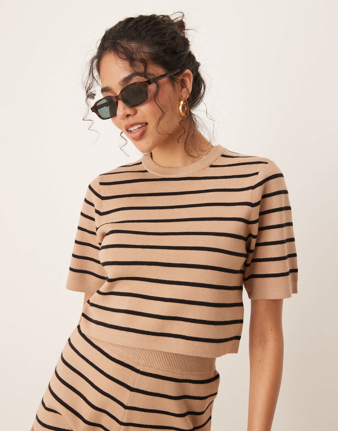 Brave Soul Co-ord short sleeve knitted t-shirt in tan and black stripe