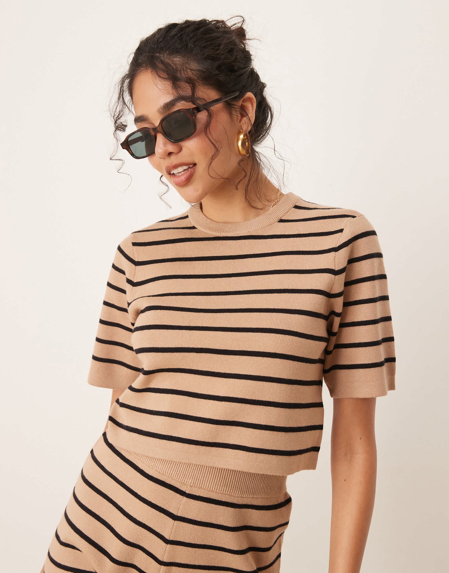 Brave Soul Co-ord short sleeve knitted t-shirt in tan and black stripe