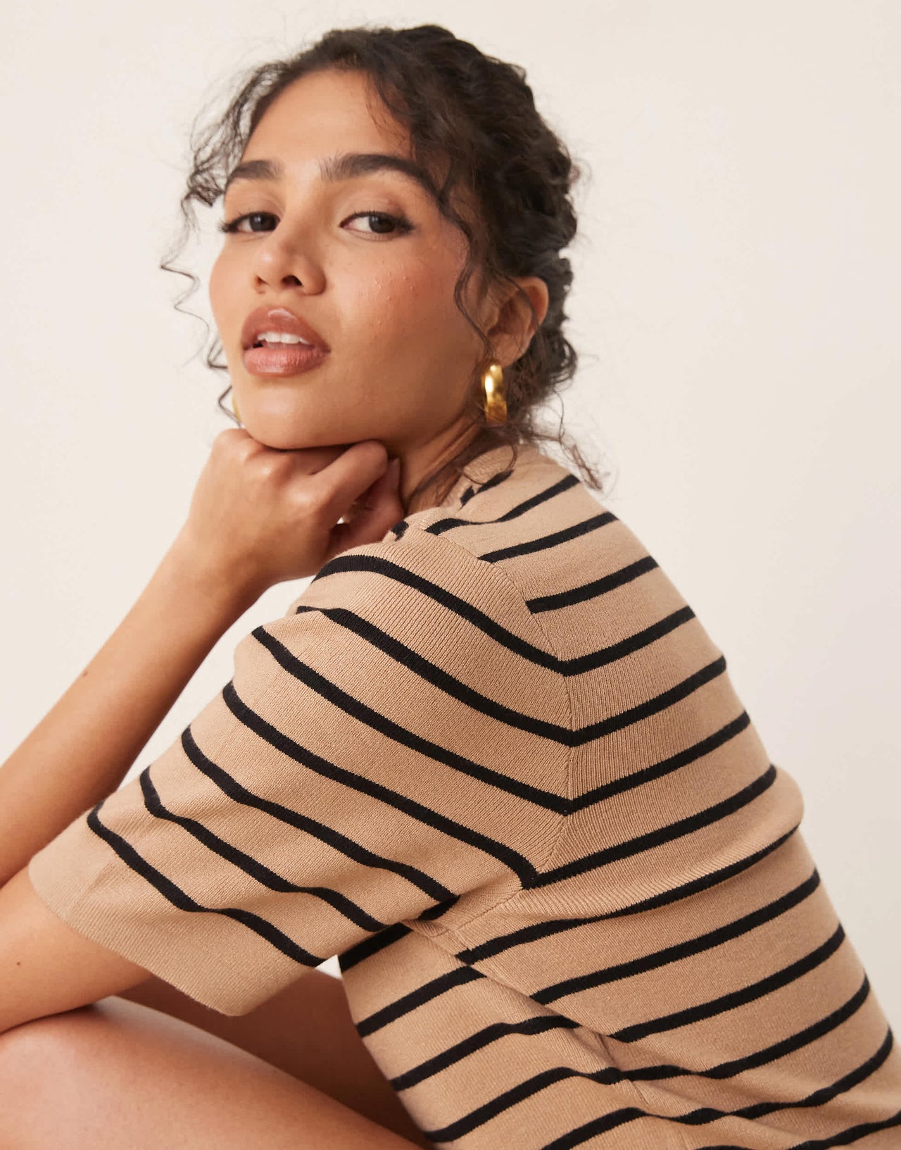 Brave Soul Co-ord short sleeve knitted t-shirt in tan and black stripe