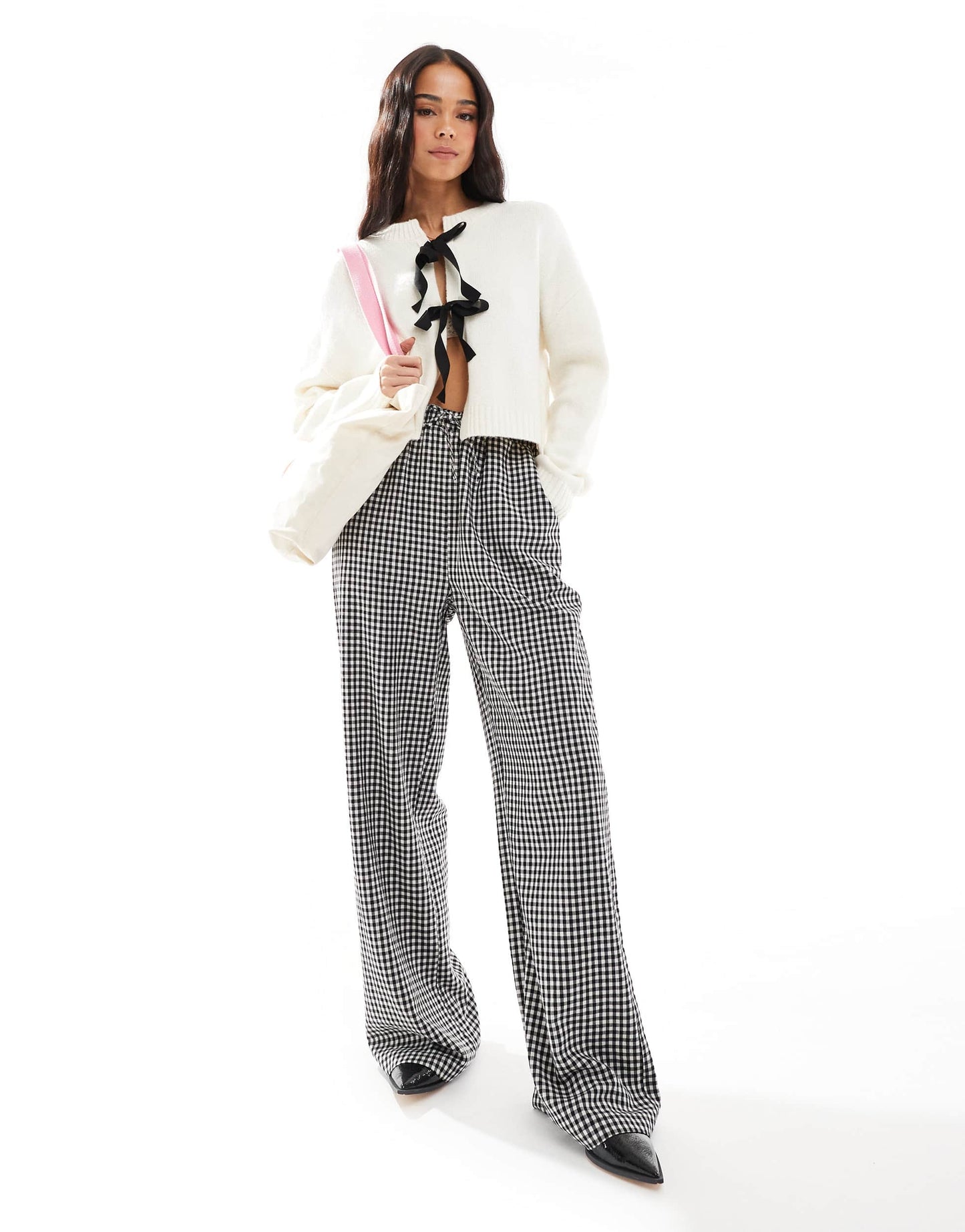 Brave Soul cardigan with bow front ties in cream and black