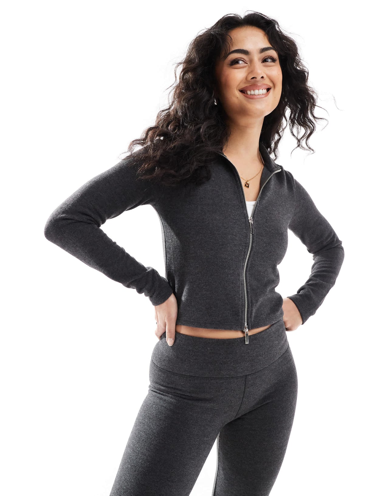 Stradivarius co ord double zip jacket in grey