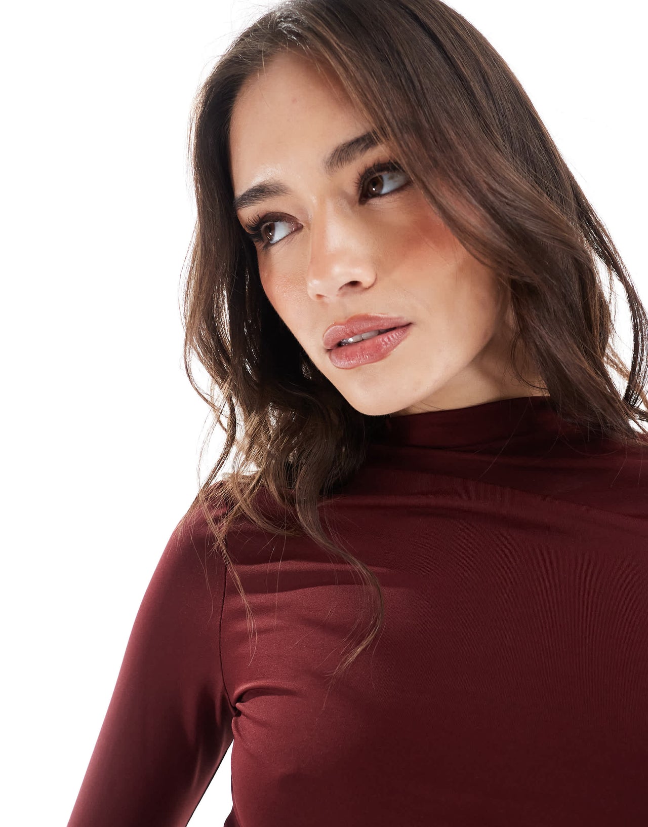 Stradivarius high neck sculpt long sleeve top in burgundy