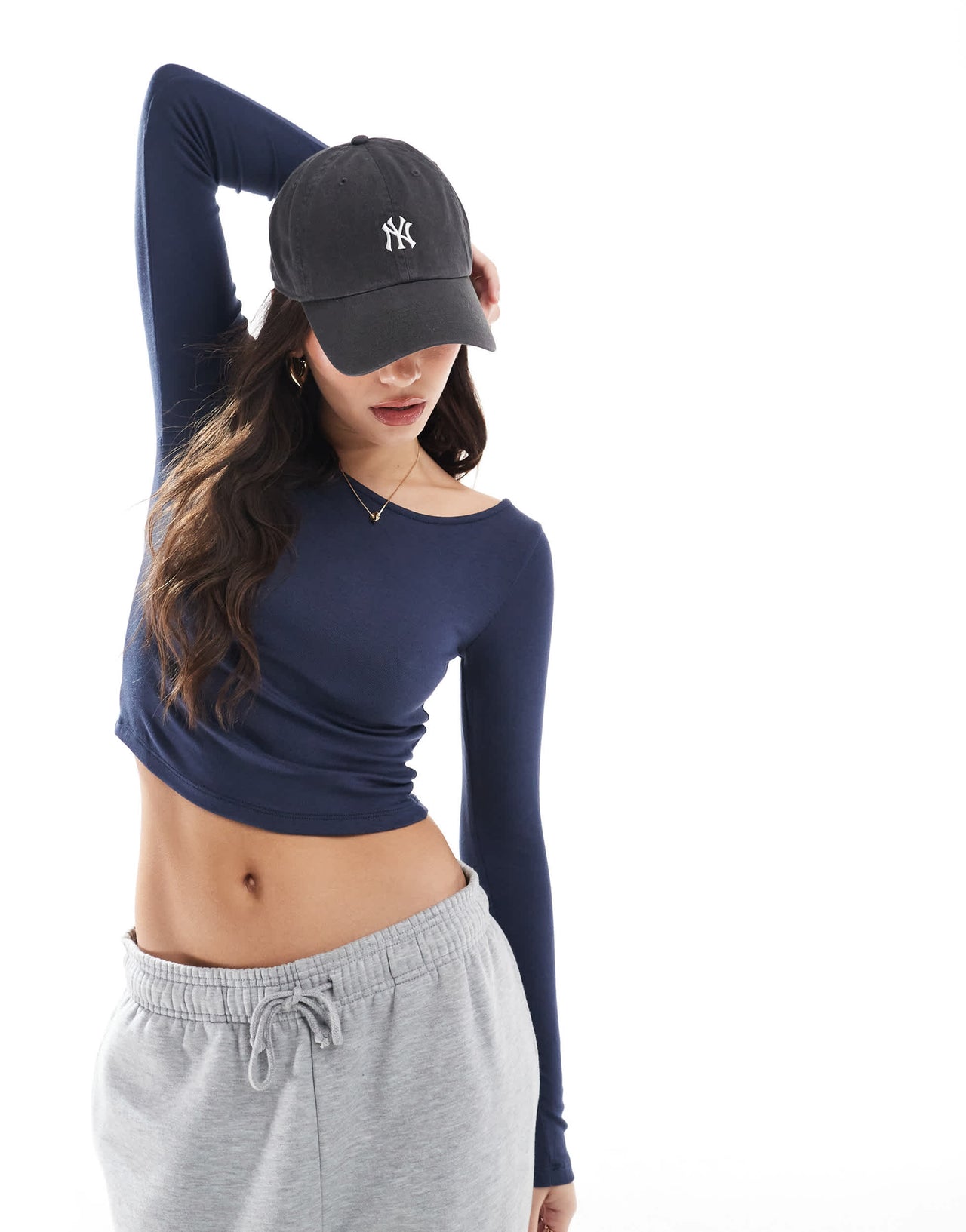 Stradivarius STR slash neck top in navy