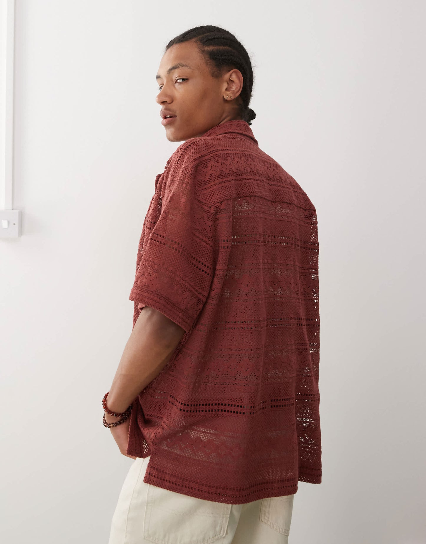 Reclaimed Vintage Limited Edition short sleeve crochet lace shirt in burgundy