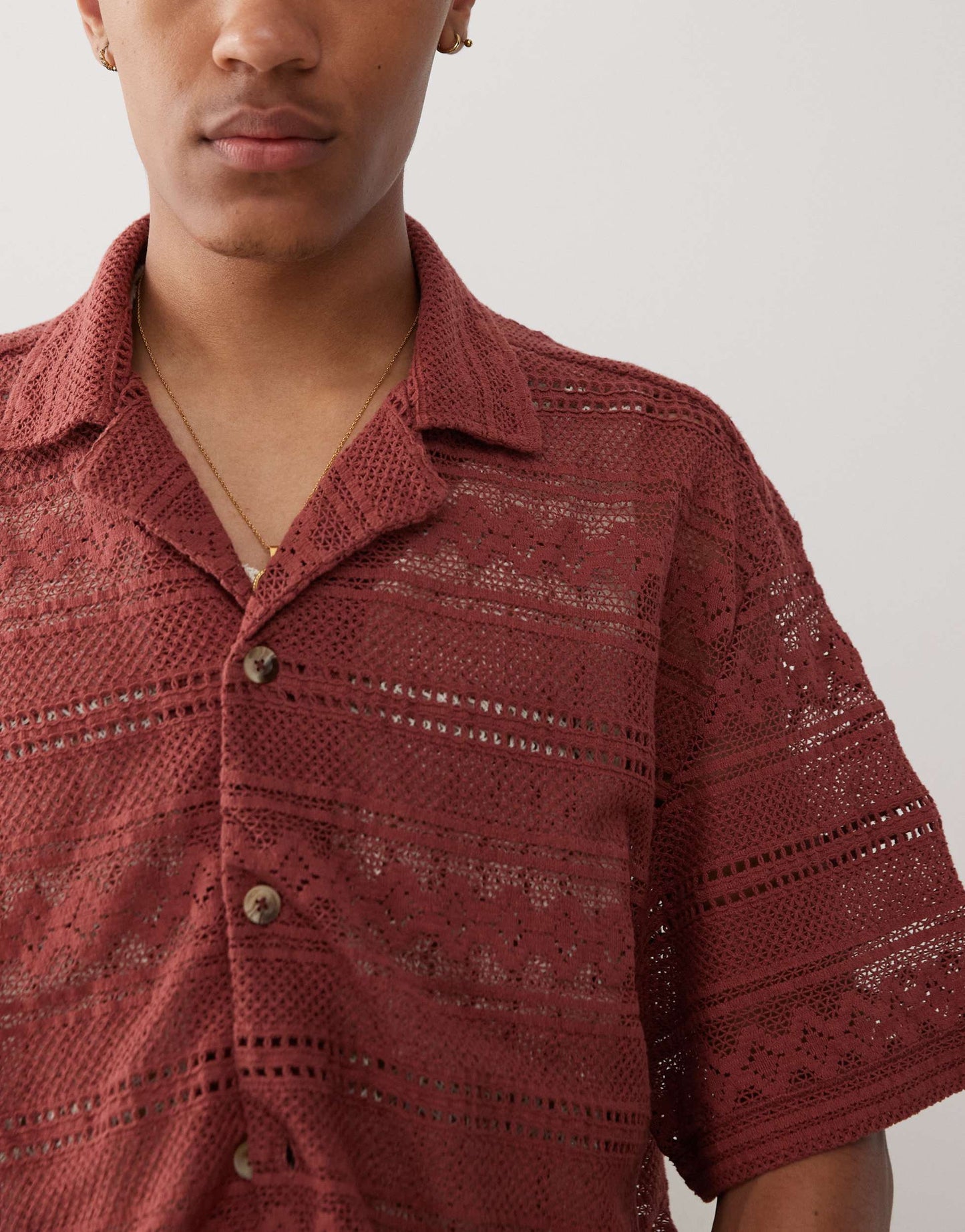Reclaimed Vintage Limited Edition short sleeve crochet lace shirt in burgundy