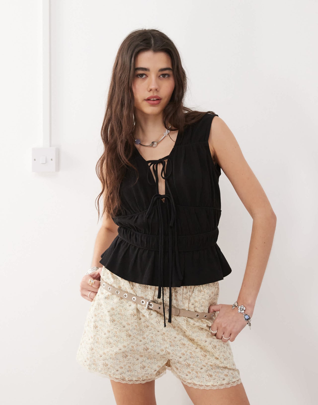 Reclaimed Vintage ruched tie front top linen blend top in black
