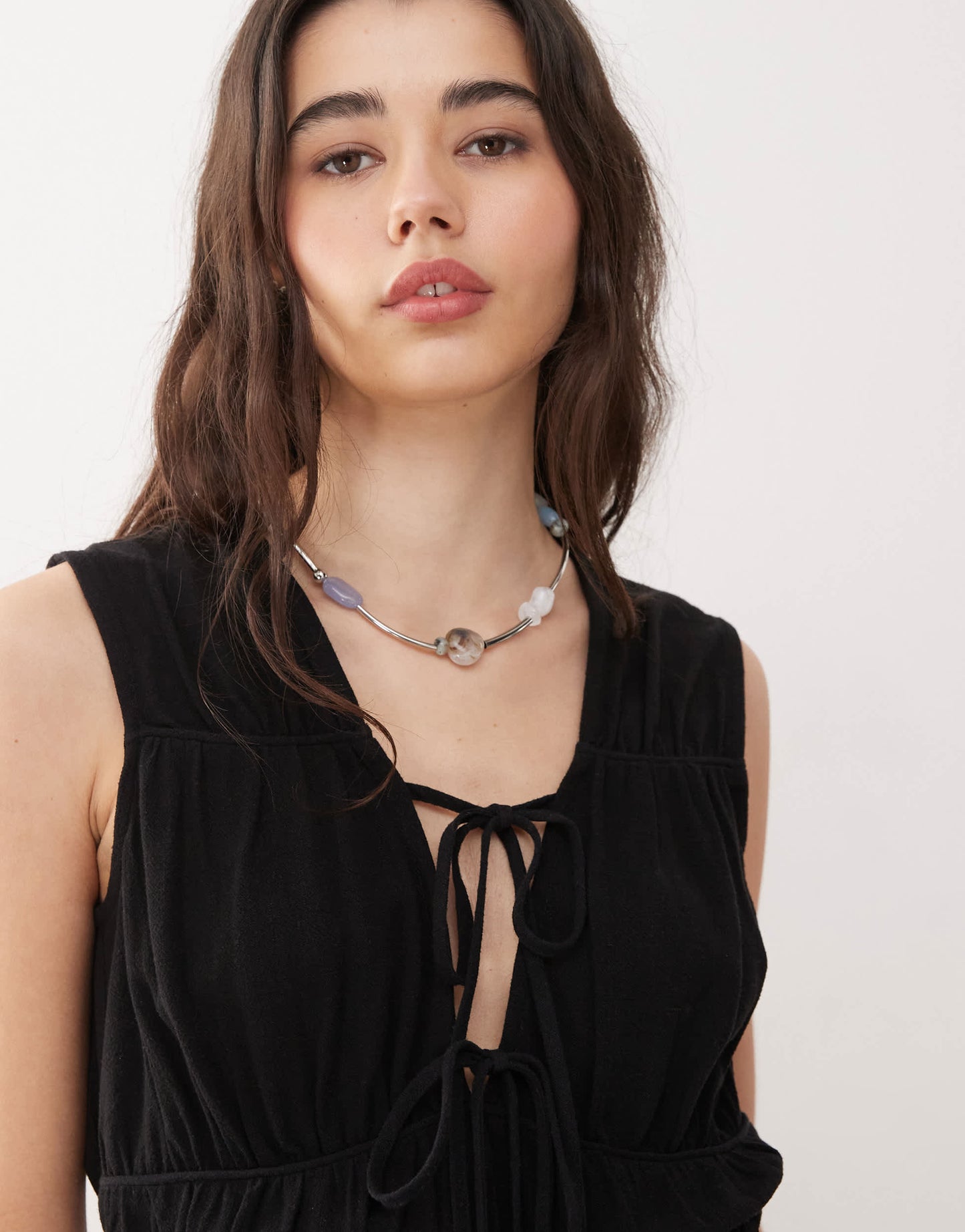 Reclaimed Vintage ruched tie front top linen blend top in black