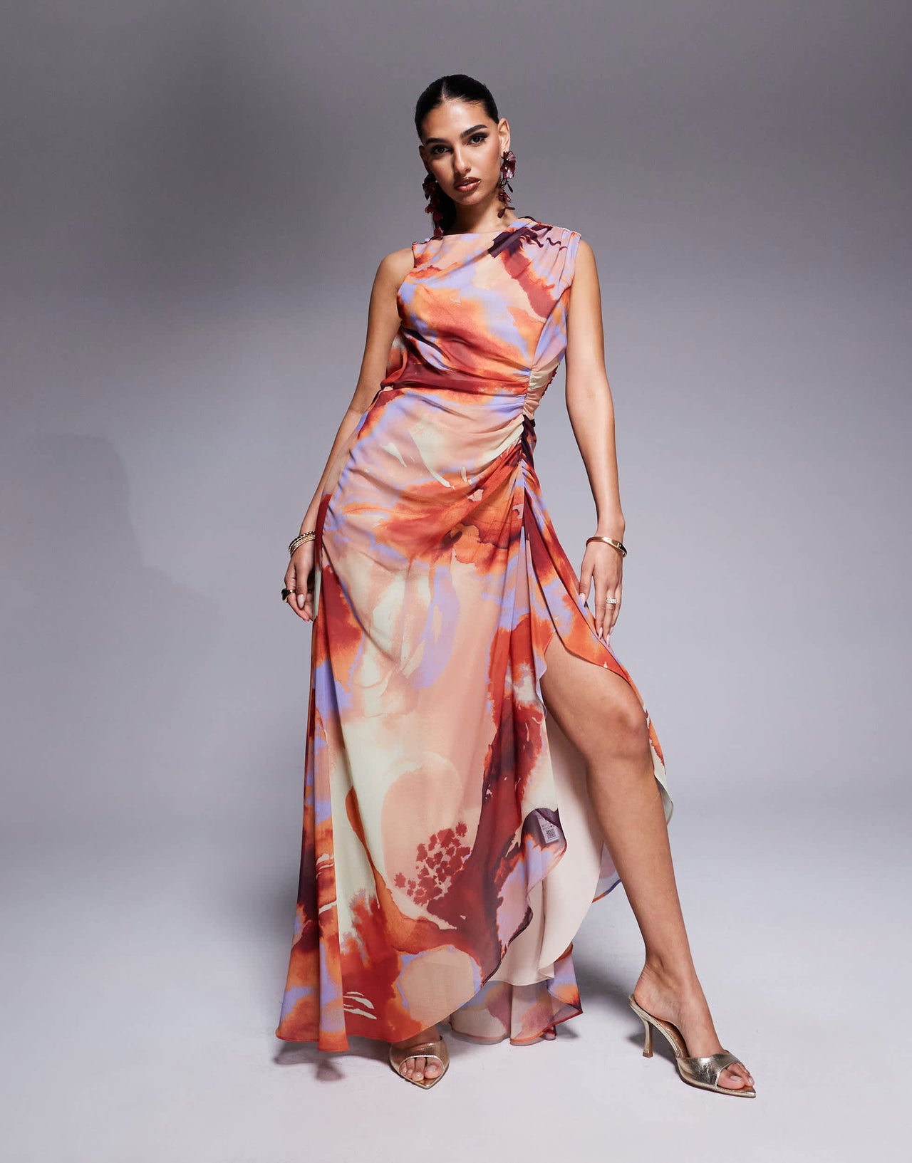 ASOS DESIGN gathered waist ruffle maxi dress with open back in abstract print