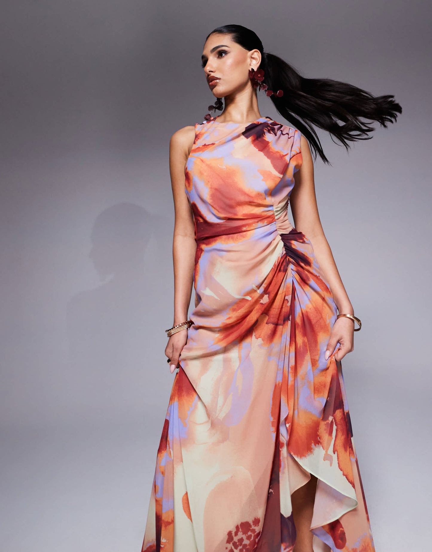 ASOS DESIGN gathered waist ruffle maxi dress with open back in abstract print