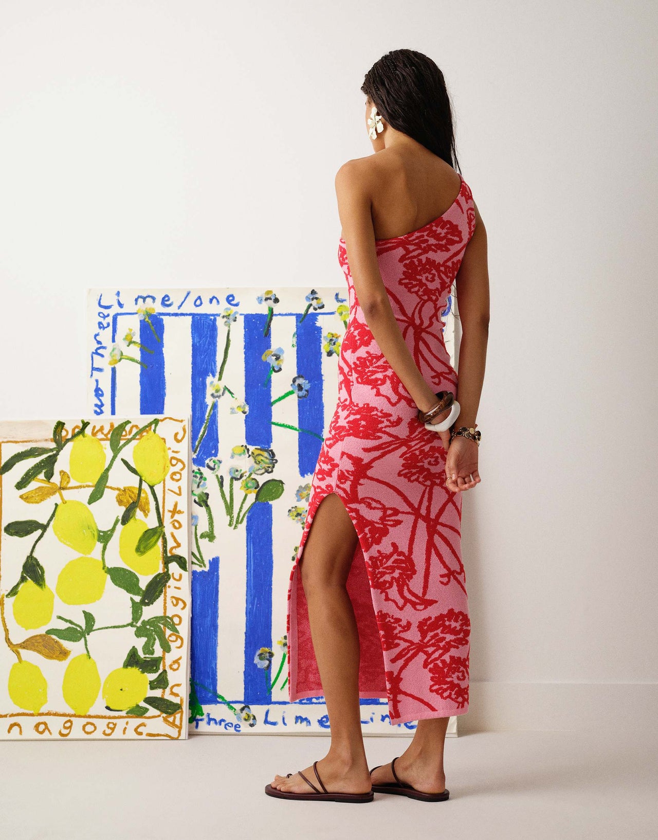 Topshop knitted Bradley B one shoulder pattern dress in red and pink