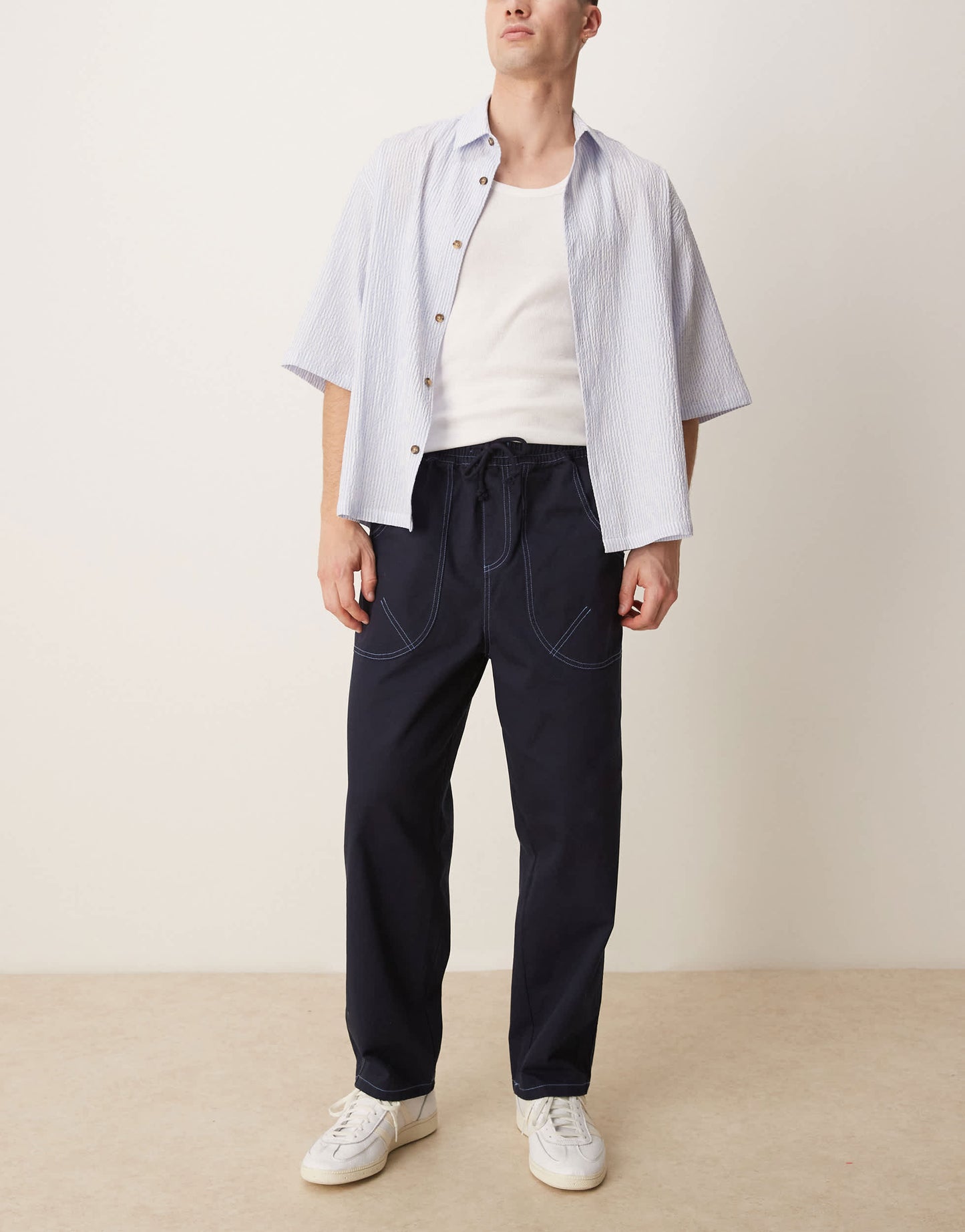 ASOS DESIGN baggy nylon trouser with contrast stitch in navy