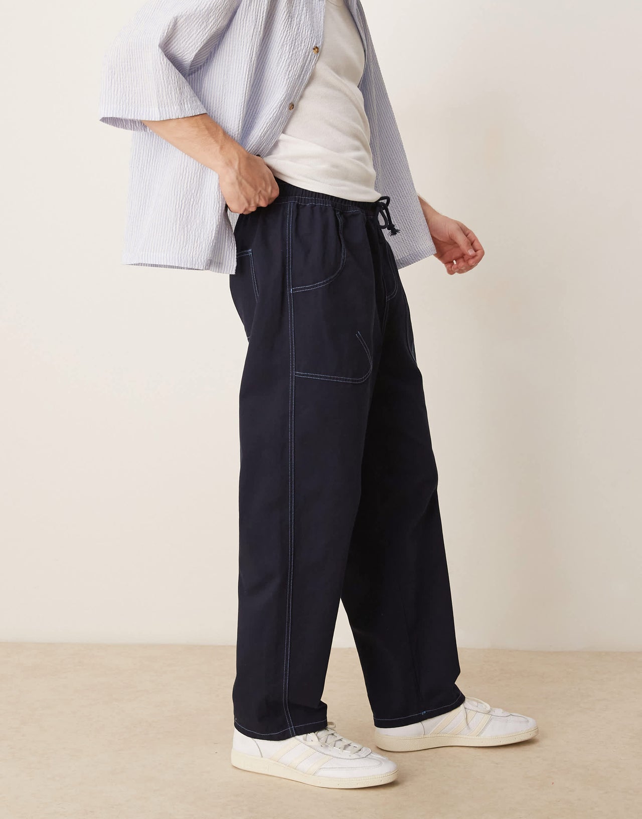 ASOS DESIGN baggy nylon trouser with contrast stitch in navy