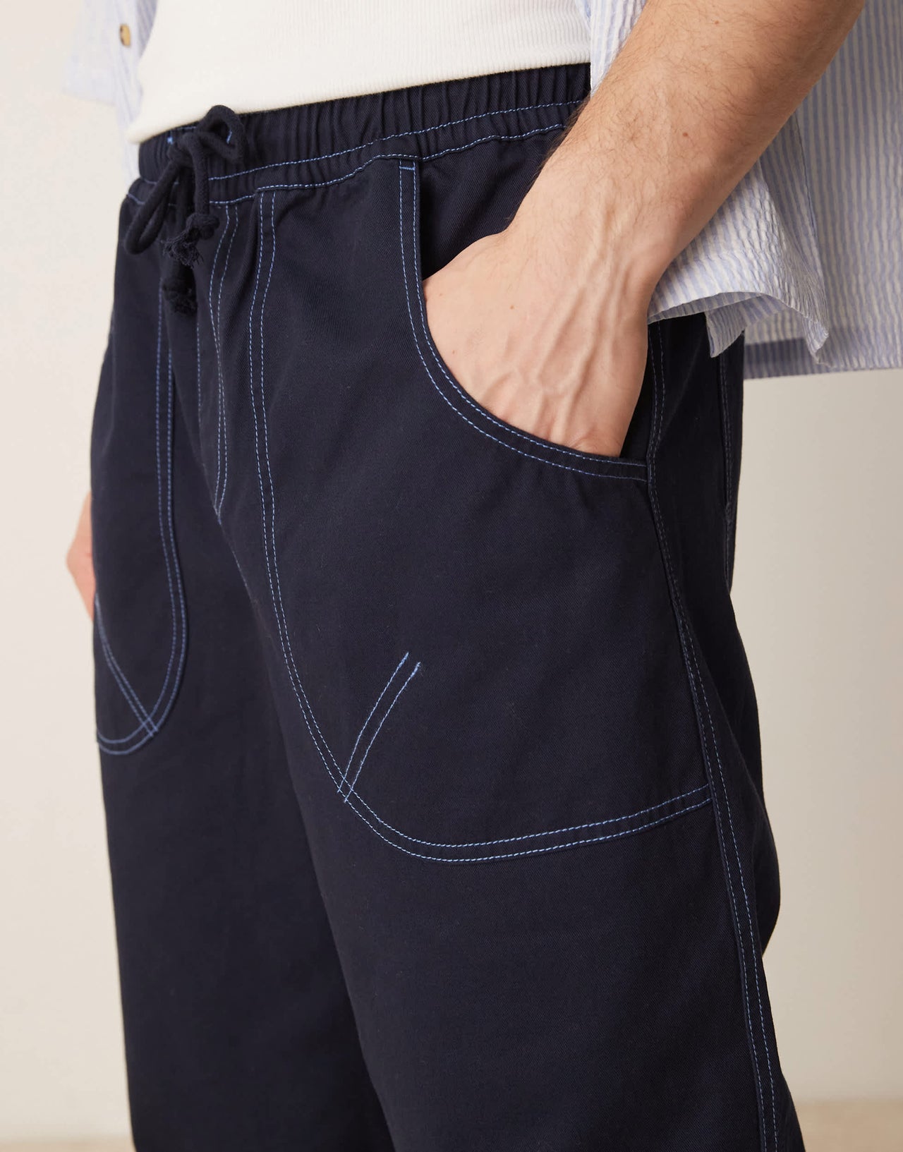 ASOS DESIGN baggy nylon trouser with contrast stitch in navy