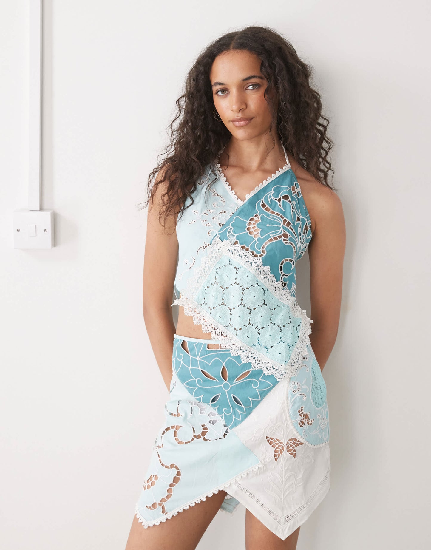 COLLUSION iconic mixed crotchet halter top in blue
