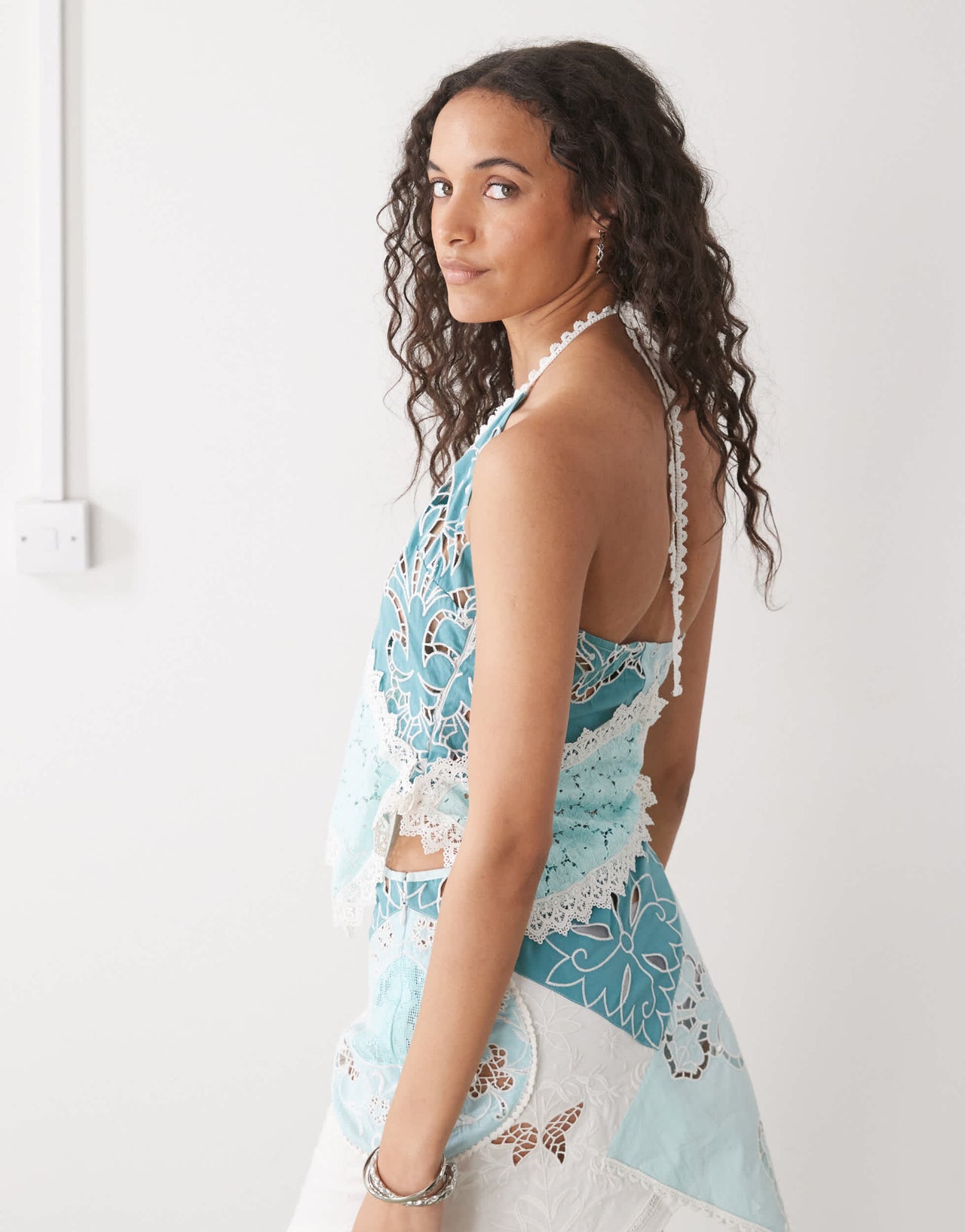 COLLUSION iconic mixed crotchet halter top in blue