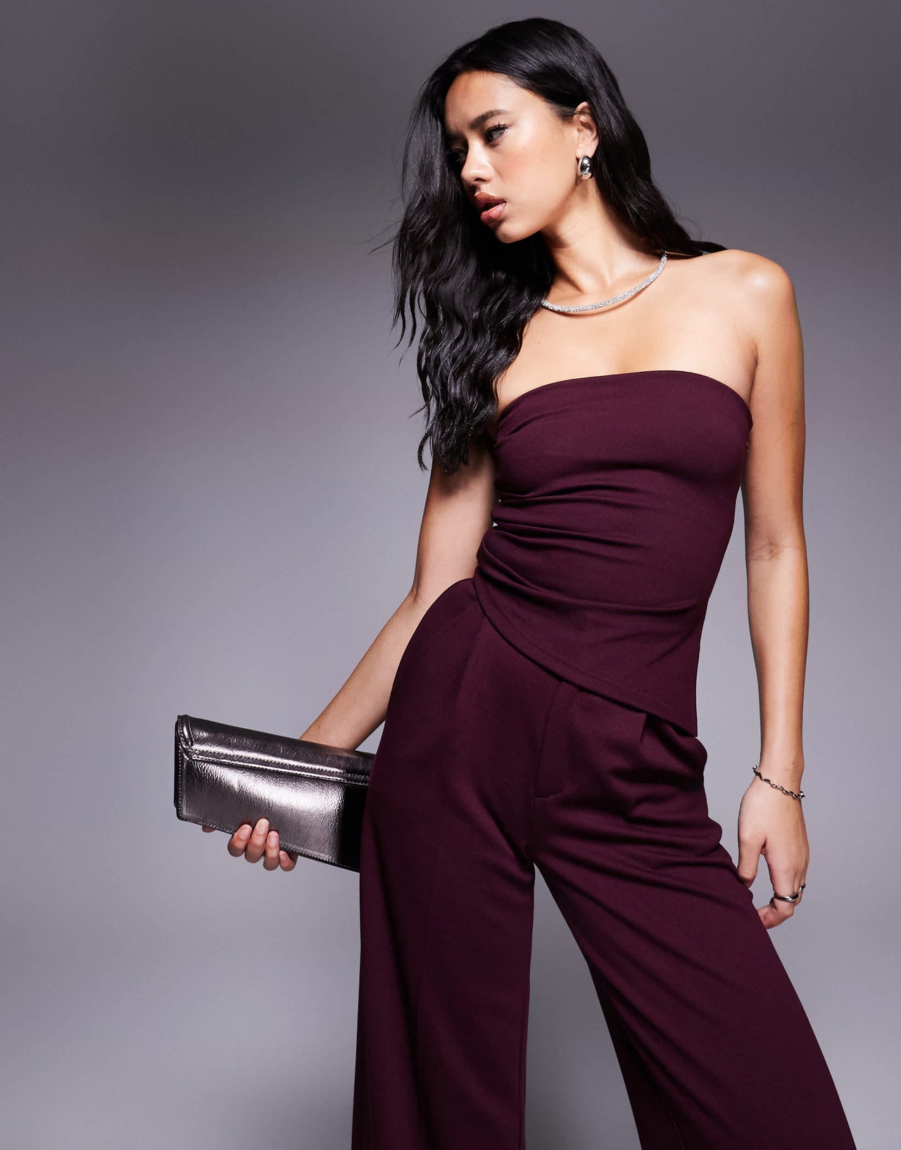 ASOS DESIGN co-ord strapless ruched side top in burgundy