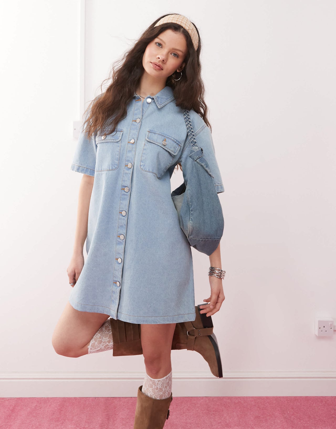 Miss Selfridge oversized short sleeve denim shirt dress in bleach wash
