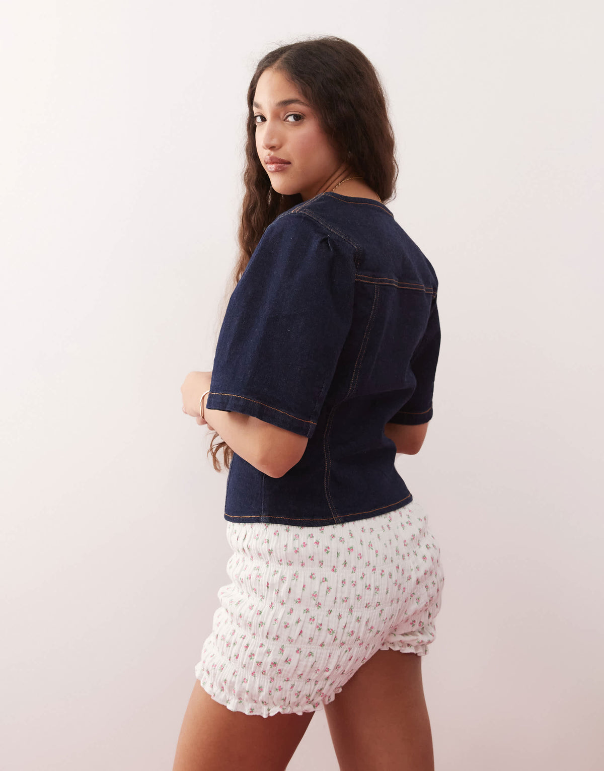 Miss Selfridge puff sleeve denim top in indigo wash
