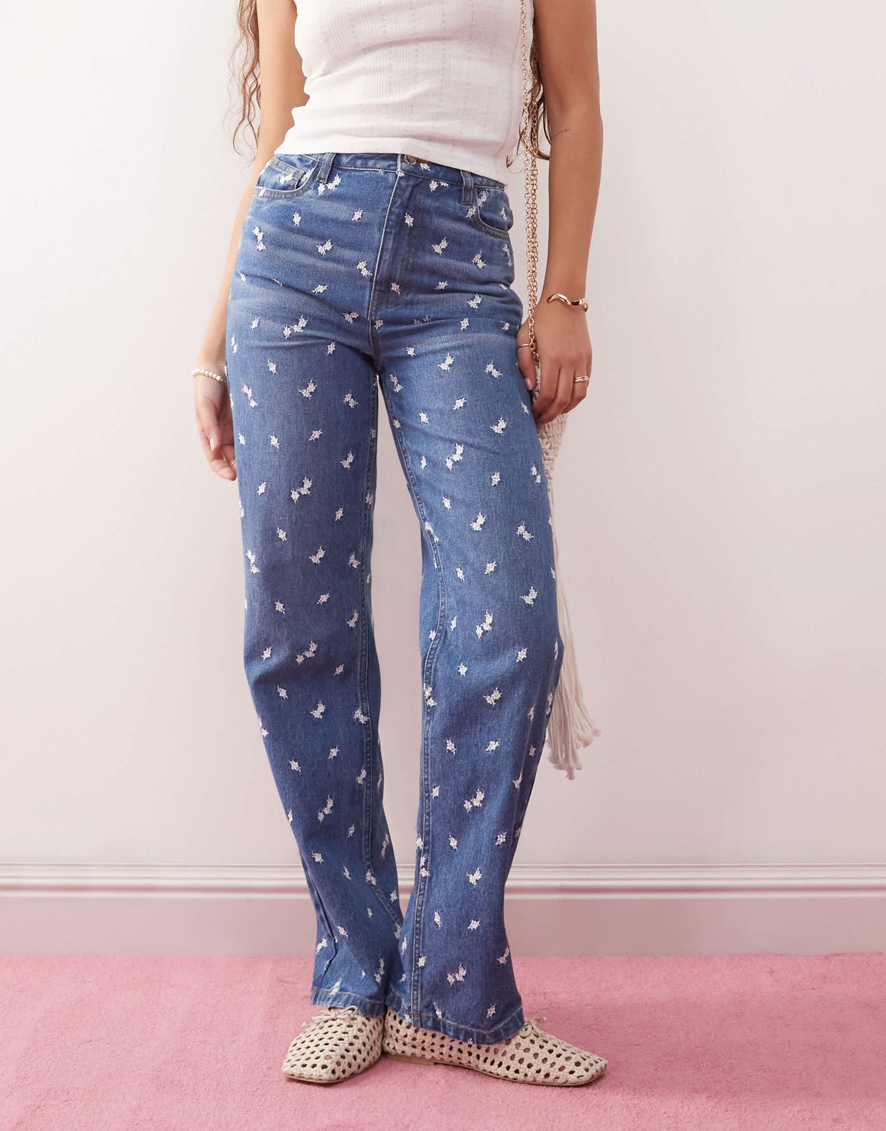 Miss Selfridge all over summer ditsy embroidered jean in blue wash